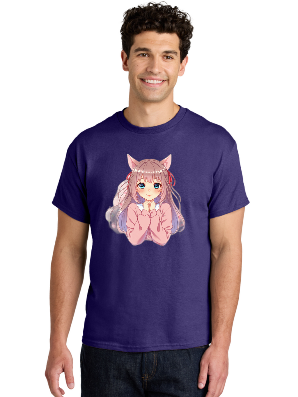 Cat-Girl-Anime-Character Men'S Graphic Tee, 100% Cotton, Comfortable Casual Summer Wear, Machine Washable, Anime Girl, Cat Ears, Pink Sweater, Blue Eyes, Long Hair, Cute Expression, Kawaii Art, Pastel Colors, Cartoon Character, Japanese Manga Bab722