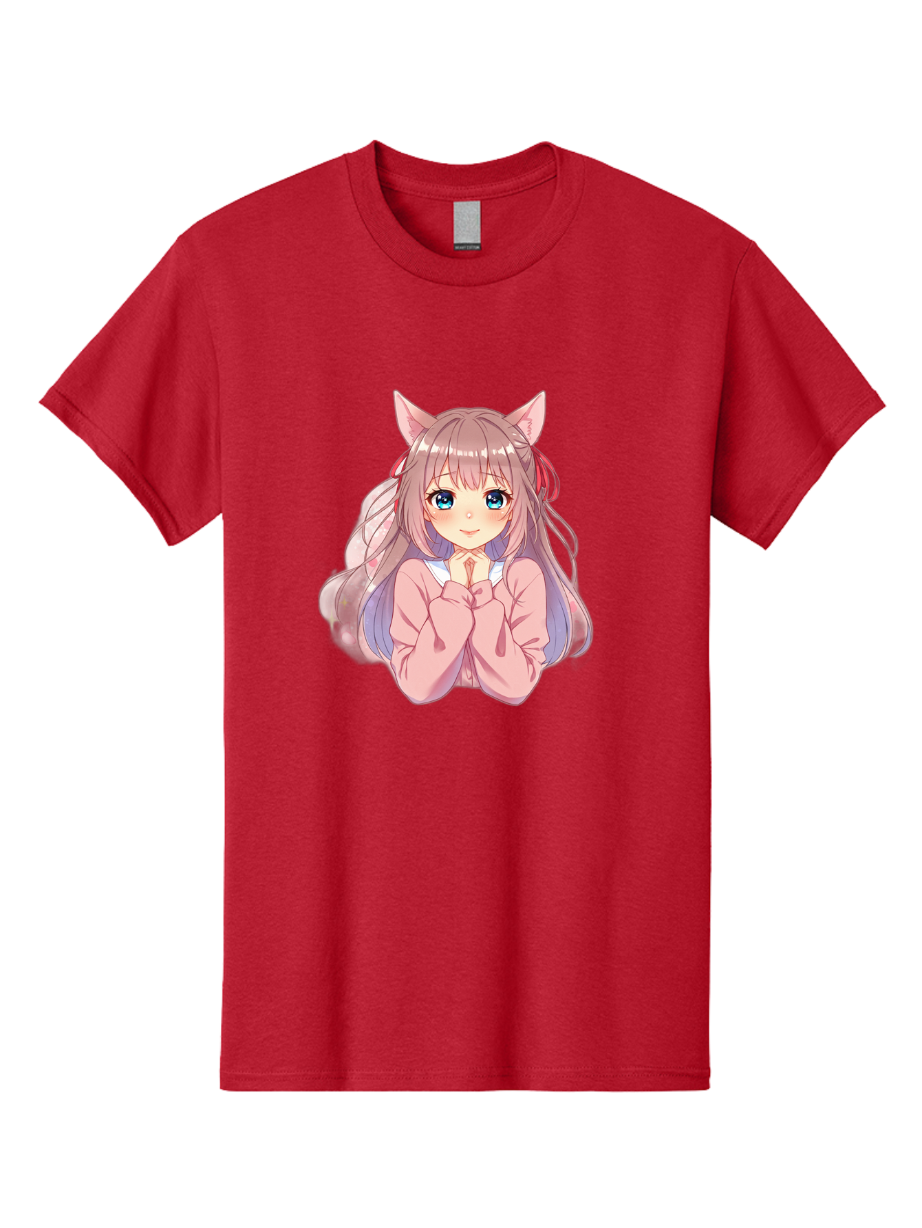 Cat-Girl-Anime-Character Men'S Graphic Tee, 100% Cotton, Comfortable Casual Summer Wear, Machine Washable, Anime Girl, Cat Ears, Pink Sweater, Blue Eyes, Long Hair, Cute Expression, Kawaii Art, Pastel Colors, Cartoon Character, Japanese Manga Bab722