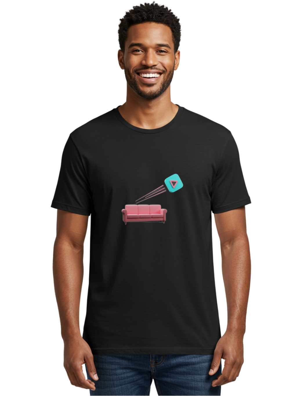 Chamos Men'S Graphic Tee, 100% Cotton, Comfortable Casual Summer Wear, Machine Washable, Pink Sofa, Chatroulette Logo, Blue Icon, Pink Triangle, Three-Dimensional Lines, Modern Design, Social Media, Online Chat, User Interface Bab723