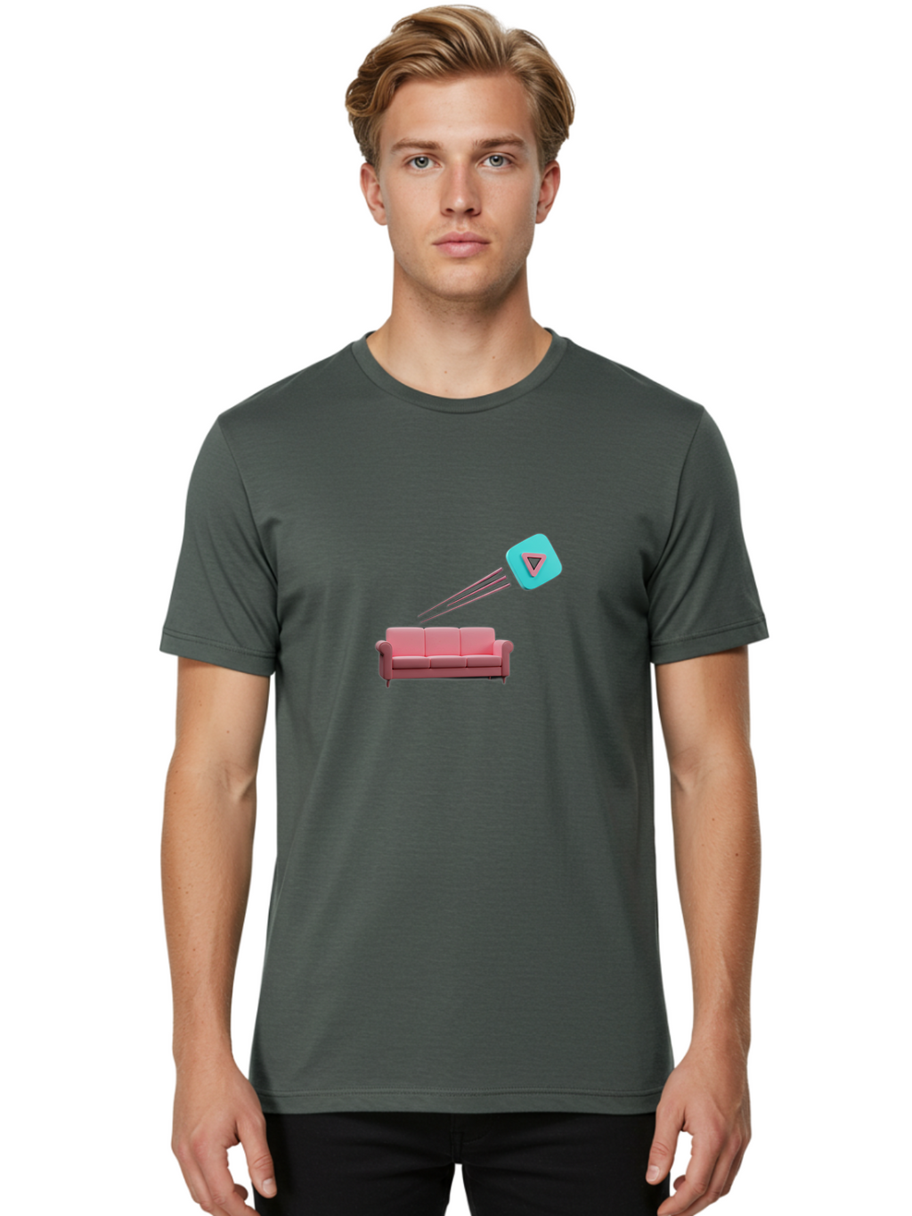 Chamos Men'S Graphic Tee, 100% Cotton, Comfortable Casual Summer Wear, Machine Washable, Pink Sofa, Chatroulette Logo, Blue Icon, Pink Triangle, Three-Dimensional Lines, Modern Design, Social Media, Online Chat, User Interface Bab723