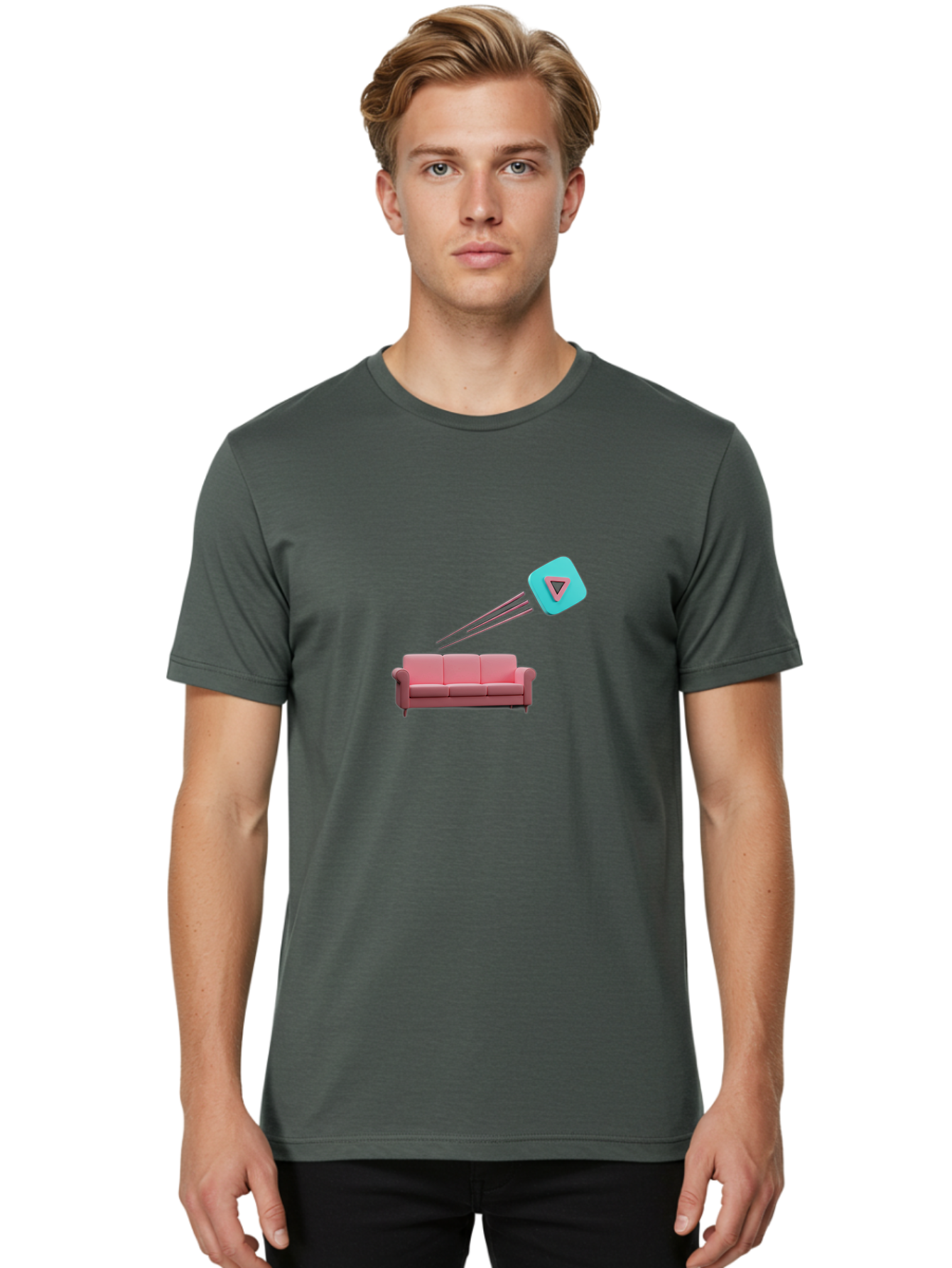 Chamos Men'S Graphic Tee, 100% Cotton, Comfortable Casual Summer Wear, Machine Washable, Pink Sofa, Chatroulette Logo, Blue Icon, Pink Triangle, Three-Dimensional Lines, Modern Design, Social Media, Online Chat, User Interface Bab723