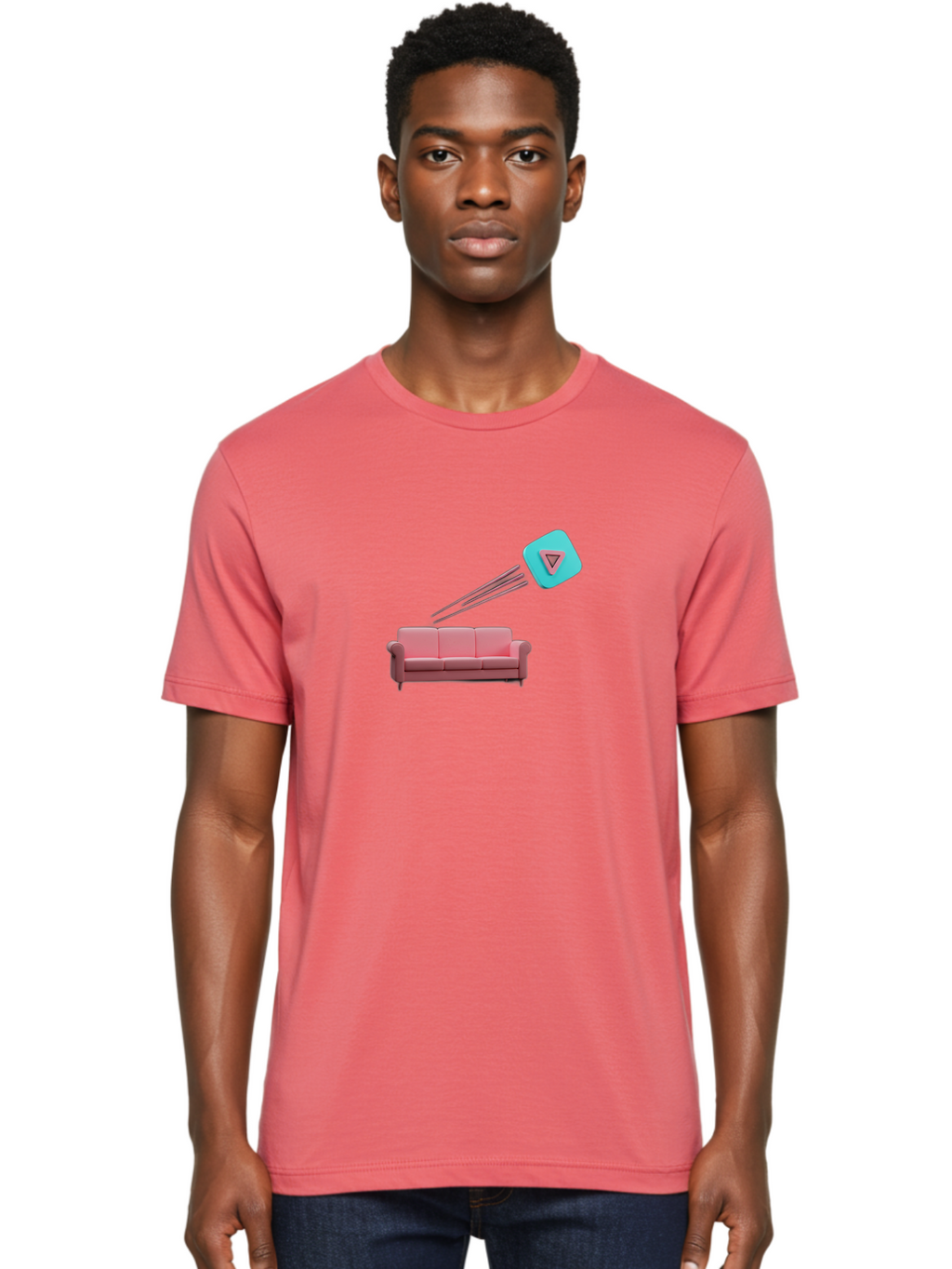 Chamos Men'S Graphic Tee, 100% Cotton, Comfortable Casual Summer Wear, Machine Washable, Pink Sofa, Chatroulette Logo, Blue Icon, Pink Triangle, Three-Dimensional Lines, Modern Design, Social Media, Online Chat, User Interface Bab723