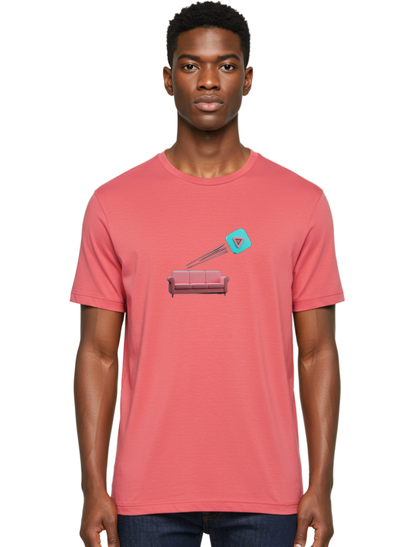 Chamos Men'S Graphic Tee, 100% Cotton, Comfortable Casual Summer Wear, Machine Washable, Pink Sofa, Chatroulette Logo, Blue Icon, Pink Triangle, Three-Dimensional Lines, Modern Design, Social Media, Online Chat, User Interface Bab723
