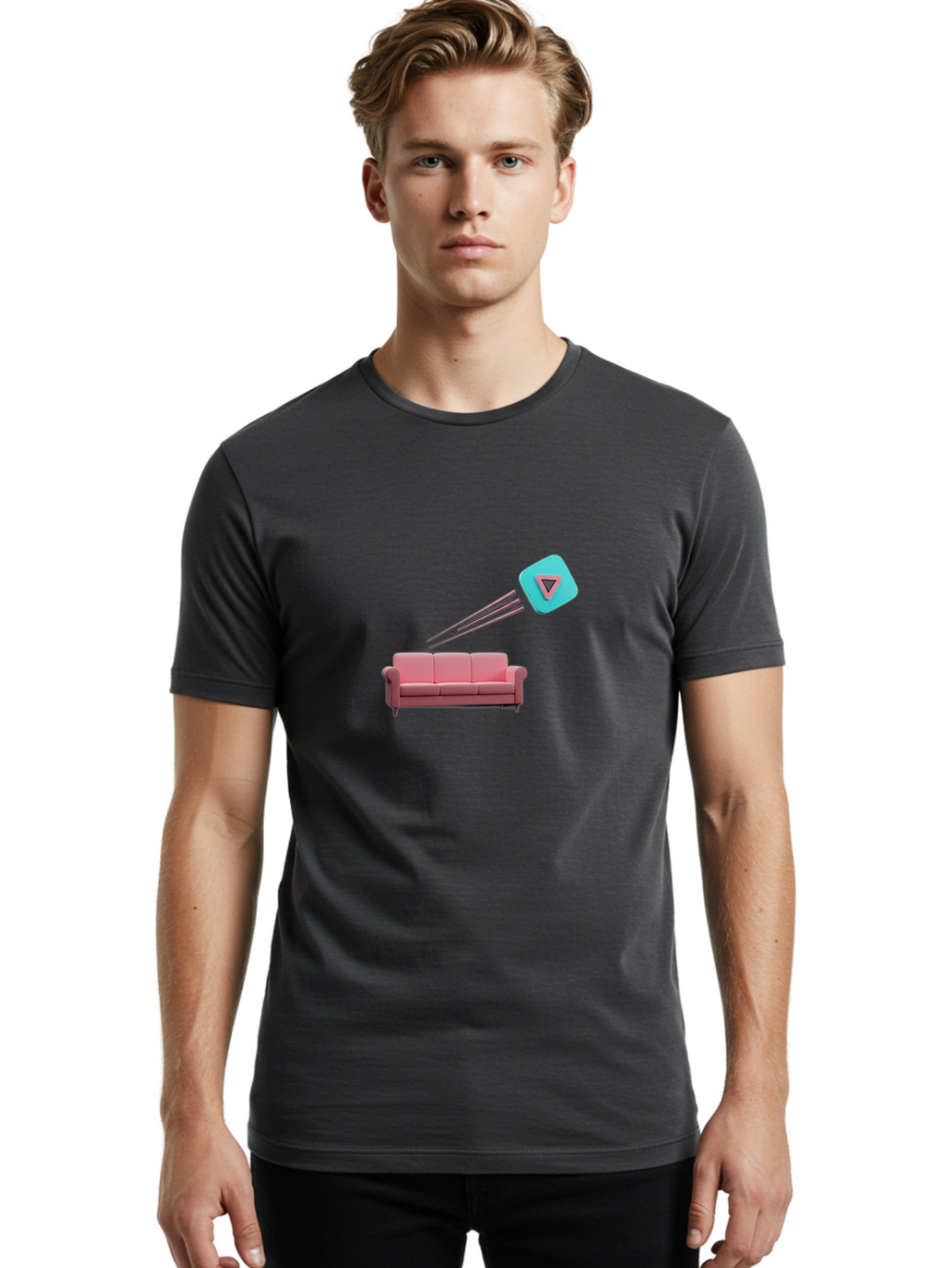 Chamos Men'S Graphic Tee, 100% Cotton, Comfortable Casual Summer Wear, Machine Washable, Pink Sofa, Chatroulette Logo, Blue Icon, Pink Triangle, Three-Dimensional Lines, Modern Design, Social Media, Online Chat, User Interface Bab723