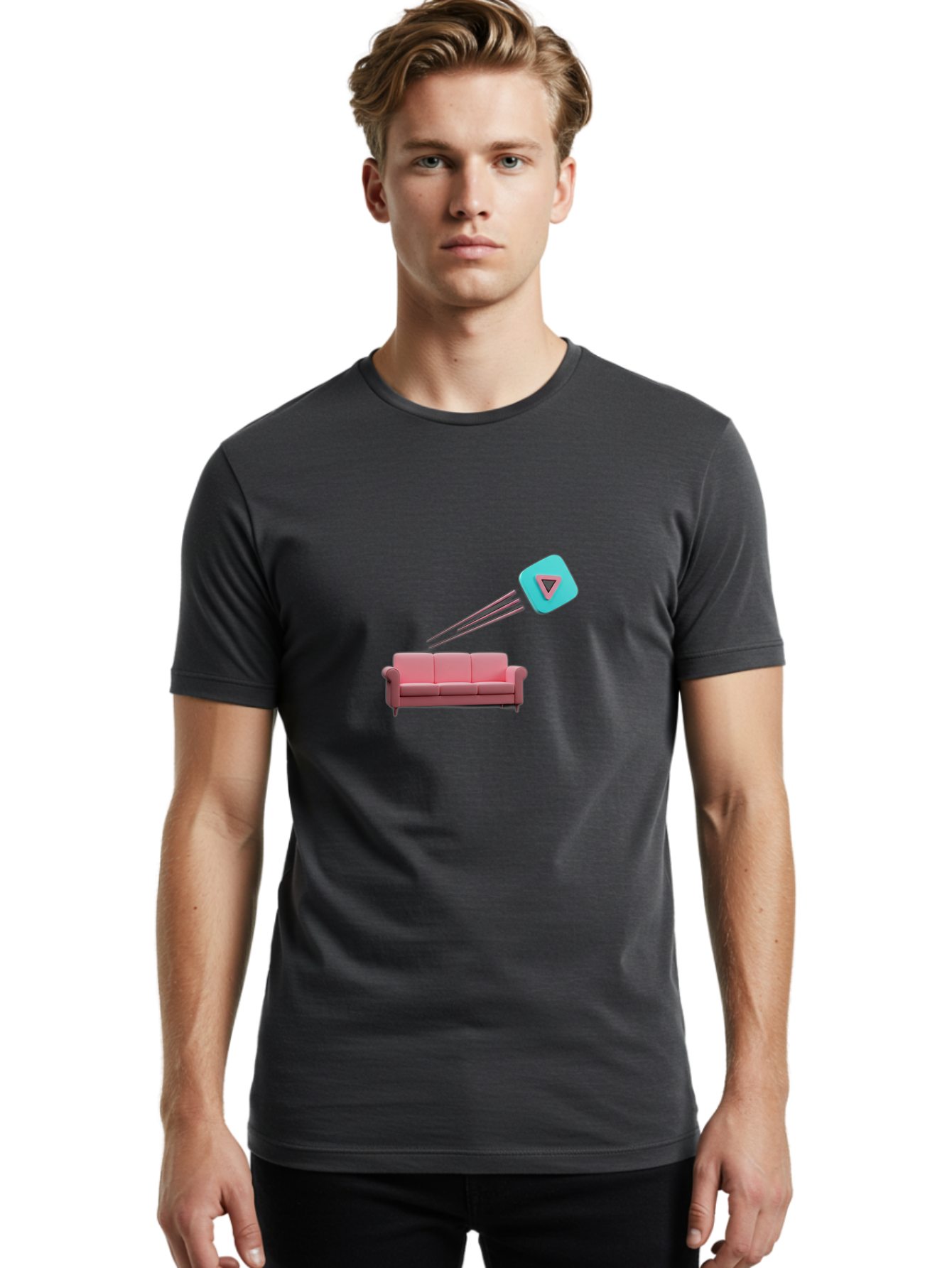 Chamos Men'S Graphic Tee, 100% Cotton, Comfortable Casual Summer Wear, Machine Washable, Pink Sofa, Chatroulette Logo, Blue Icon, Pink Triangle, Three-Dimensional Lines, Modern Design, Social Media, Online Chat, User Interface Bab723