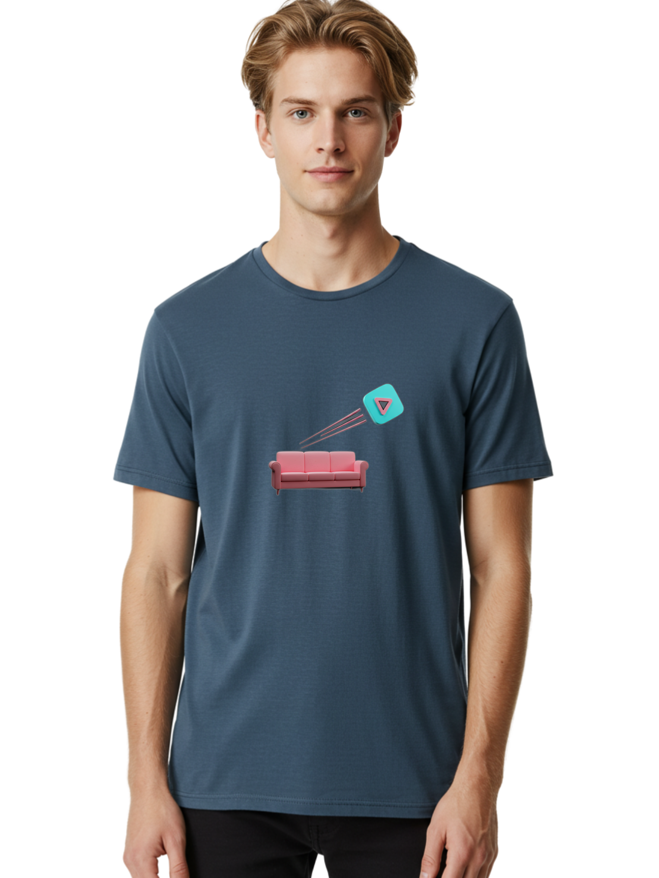 Chamos Men'S Graphic Tee, 100% Cotton, Comfortable Casual Summer Wear, Machine Washable, Pink Sofa, Chatroulette Logo, Blue Icon, Pink Triangle, Three-Dimensional Lines, Modern Design, Social Media, Online Chat, User Interface Bab723