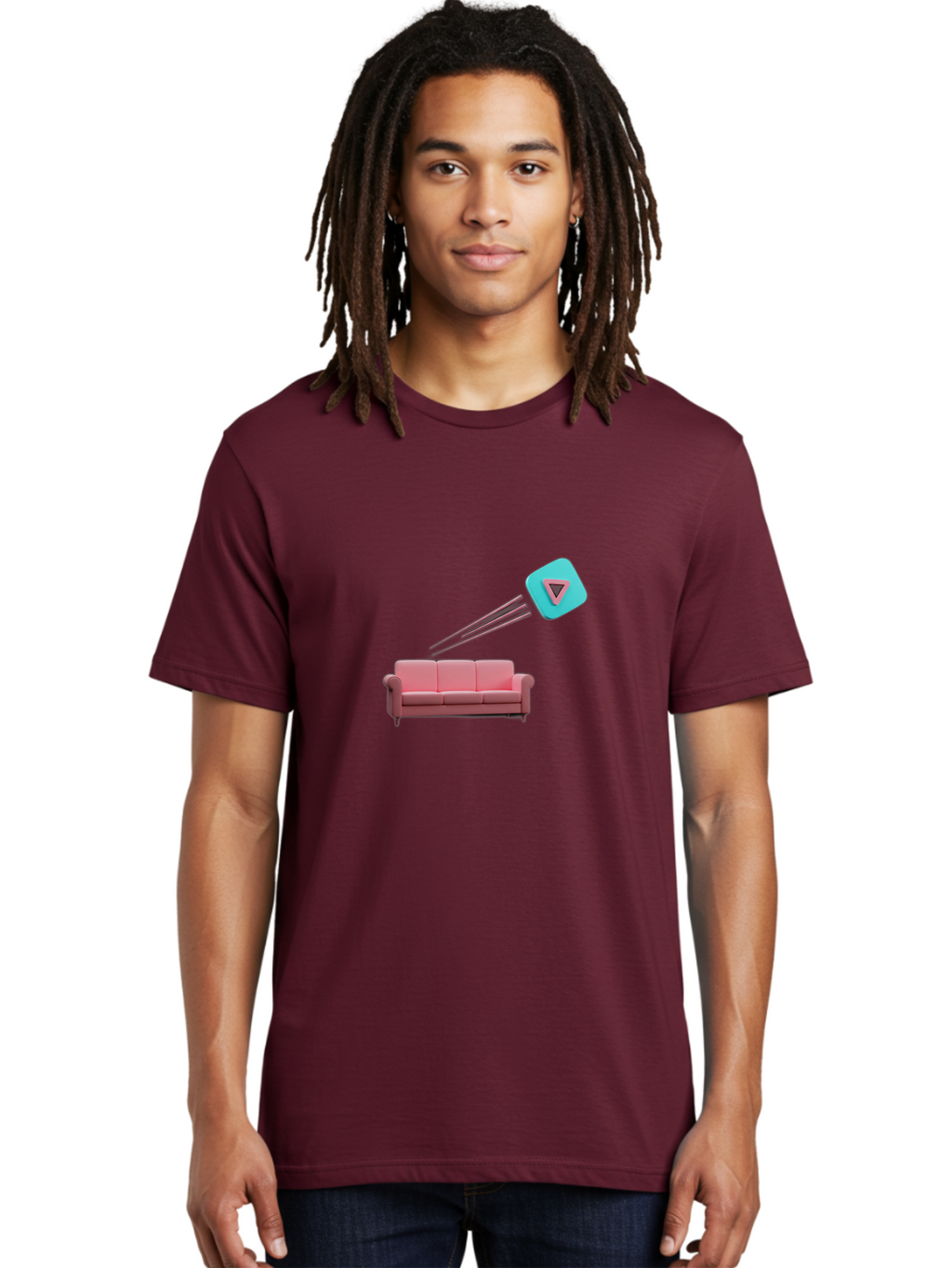 Chamos Men'S Graphic Tee, 100% Cotton, Comfortable Casual Summer Wear, Machine Washable, Pink Sofa, Chatroulette Logo, Blue Icon, Pink Triangle, Three-Dimensional Lines, Modern Design, Social Media, Online Chat, User Interface Bab723