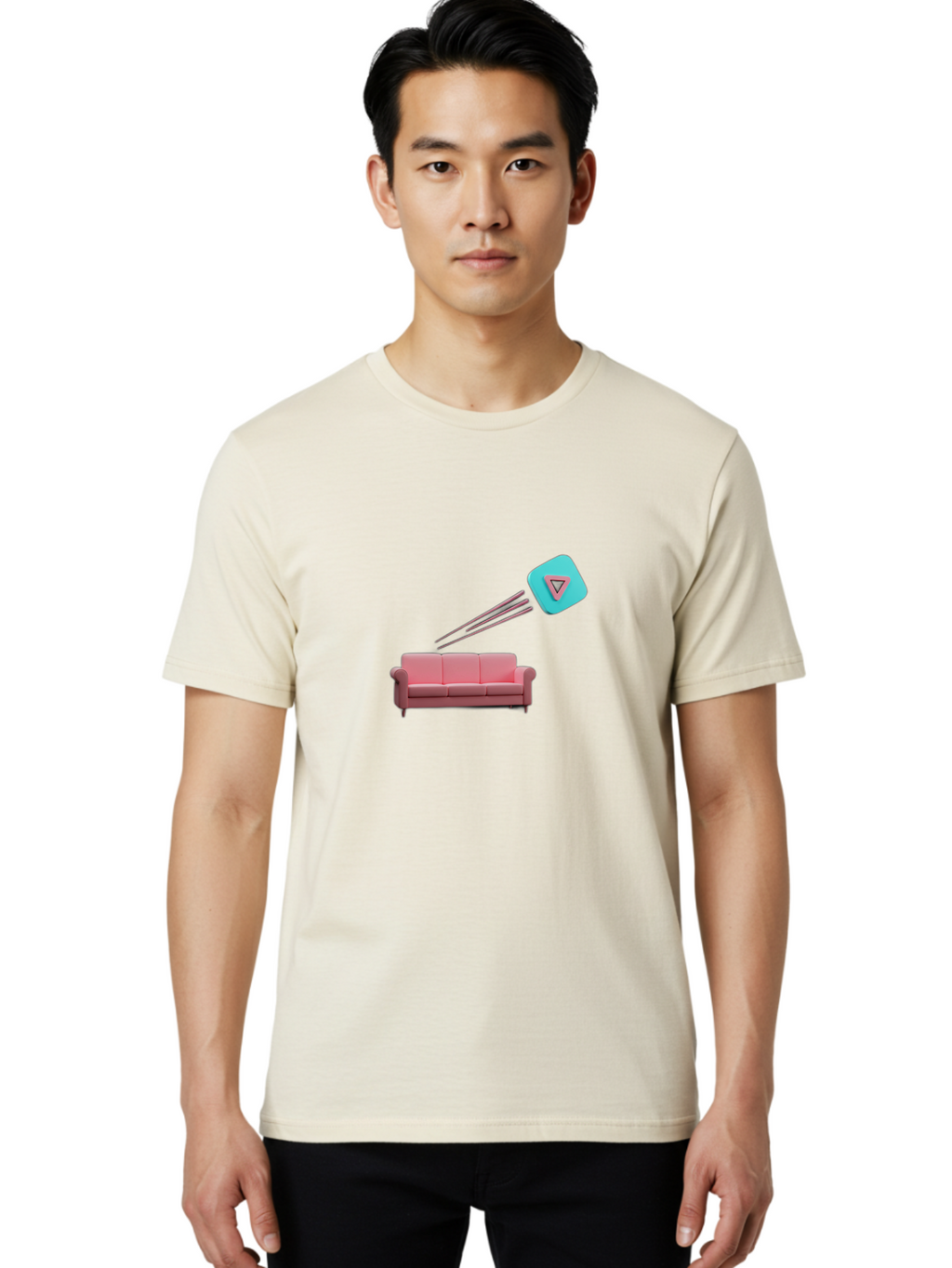 Chamos Men'S Graphic Tee, 100% Cotton, Comfortable Casual Summer Wear, Machine Washable, Pink Sofa, Chatroulette Logo, Blue Icon, Pink Triangle, Three-Dimensional Lines, Modern Design, Social Media, Online Chat, User Interface Bab723