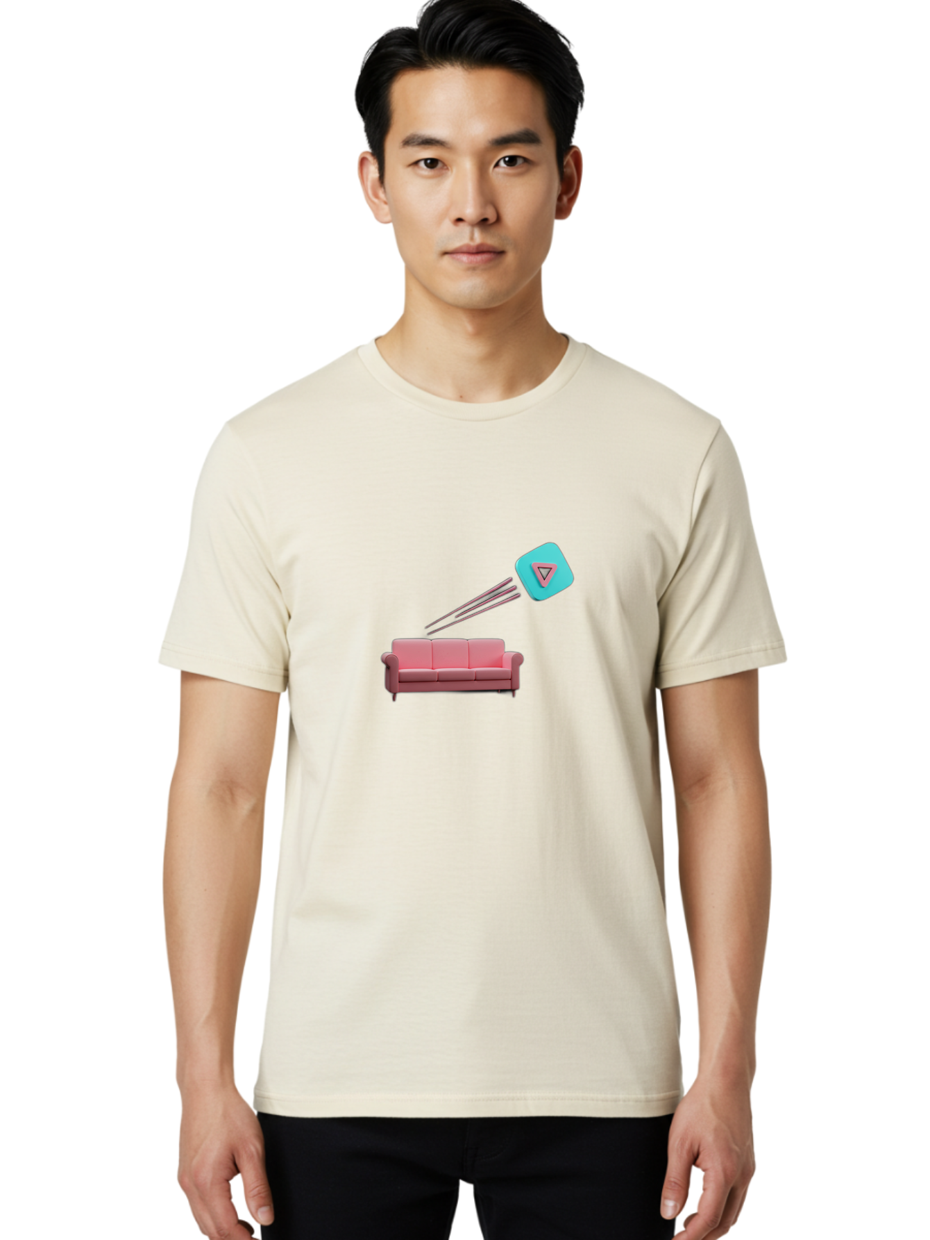Chamos Men'S Graphic Tee, 100% Cotton, Comfortable Casual Summer Wear, Machine Washable, Pink Sofa, Chatroulette Logo, Blue Icon, Pink Triangle, Three-Dimensional Lines, Modern Design, Social Media, Online Chat, User Interface Bab723