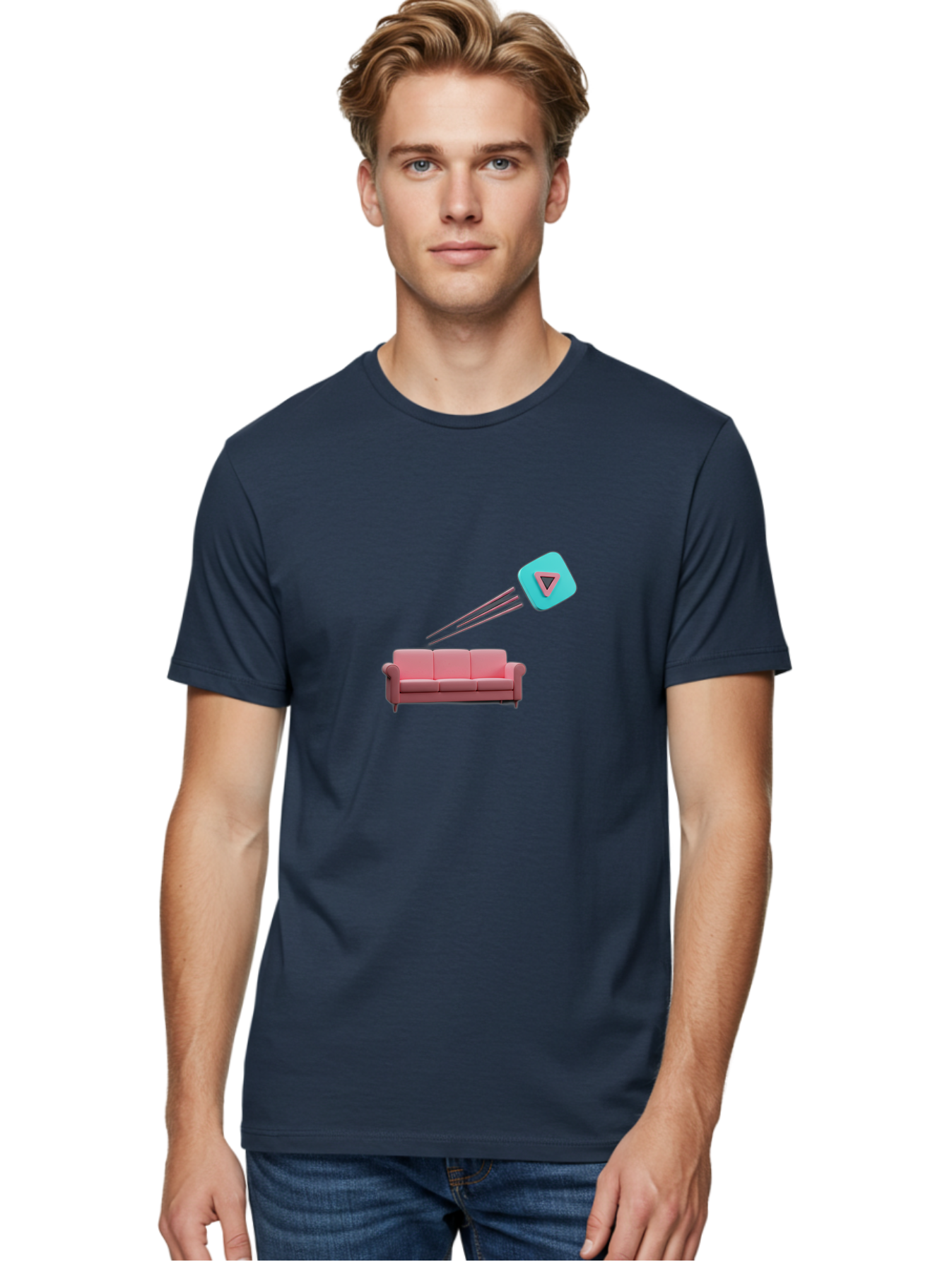 Chamos Men'S Graphic Tee, 100% Cotton, Comfortable Casual Summer Wear, Machine Washable, Pink Sofa, Chatroulette Logo, Blue Icon, Pink Triangle, Three-Dimensional Lines, Modern Design, Social Media, Online Chat, User Interface Bab723