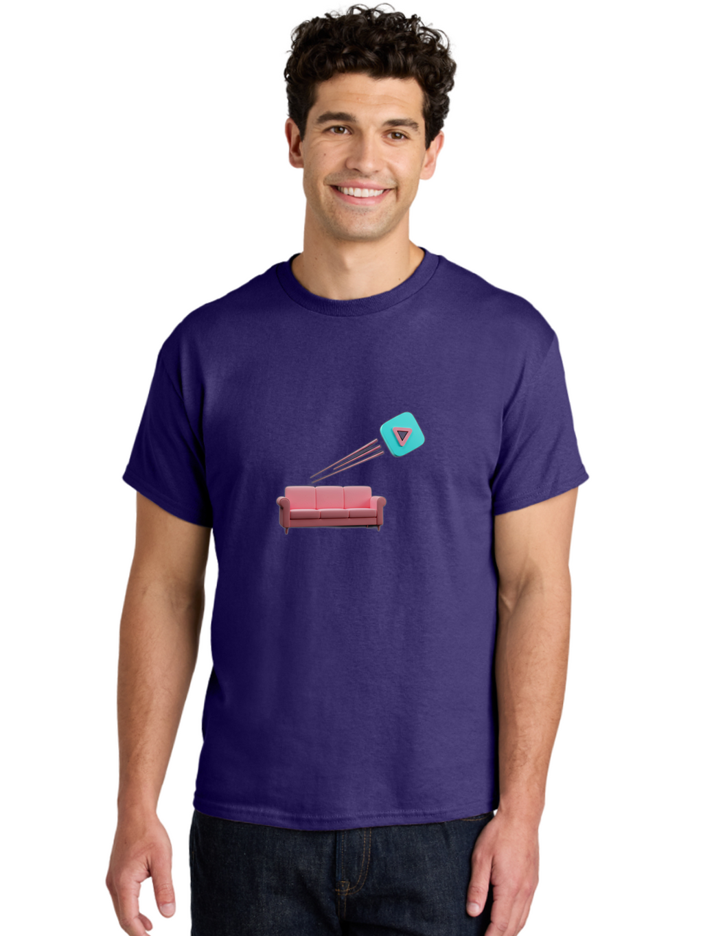 Chamos Men'S Graphic Tee, 100% Cotton, Comfortable Casual Summer Wear, Machine Washable, Pink Sofa, Chatroulette Logo, Blue Icon, Pink Triangle, Three-Dimensional Lines, Modern Design, Social Media, Online Chat, User Interface Bab723