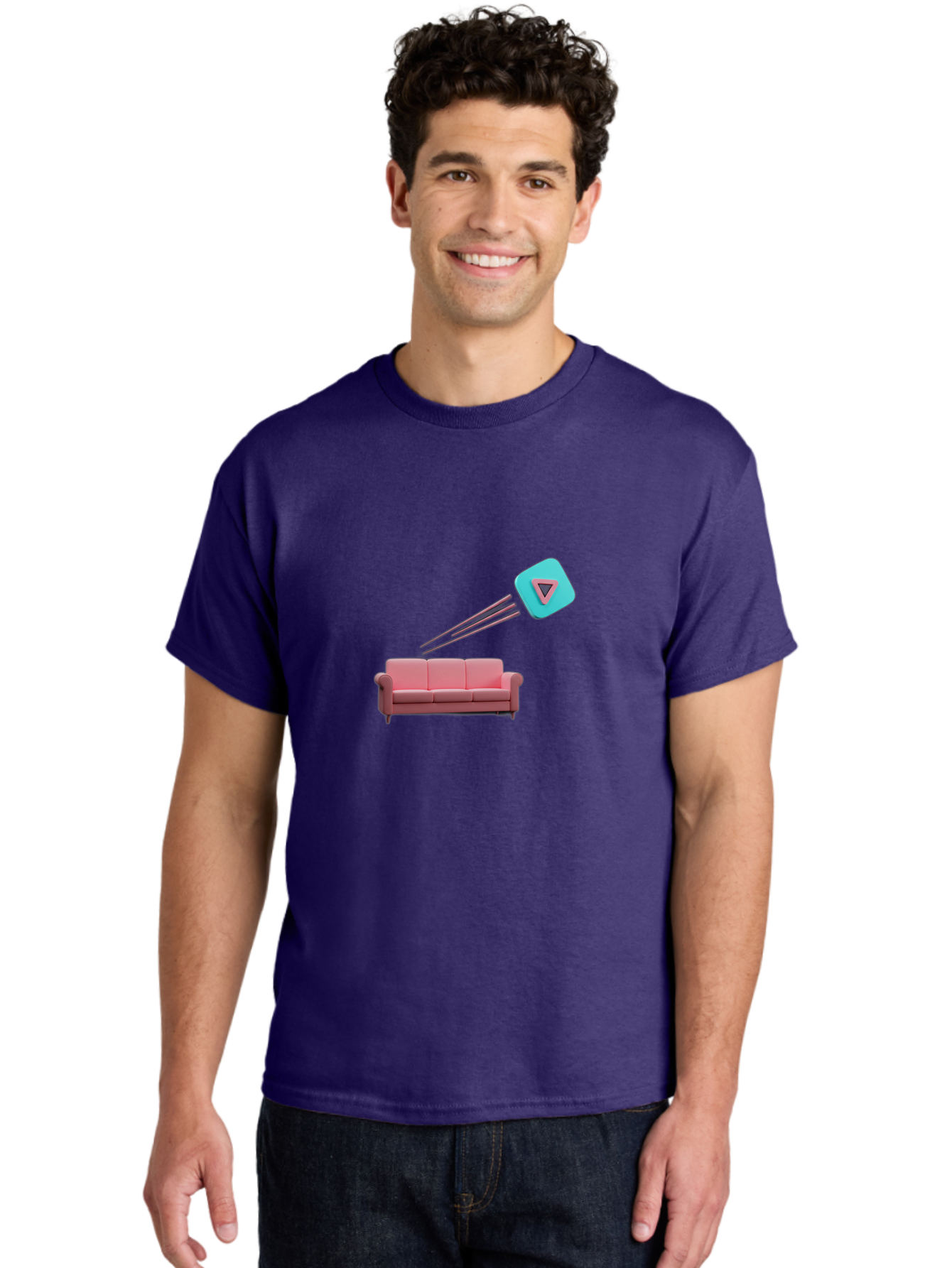 Chamos Men'S Graphic Tee, 100% Cotton, Comfortable Casual Summer Wear, Machine Washable, Pink Sofa, Chatroulette Logo, Blue Icon, Pink Triangle, Three-Dimensional Lines, Modern Design, Social Media, Online Chat, User Interface Bab723