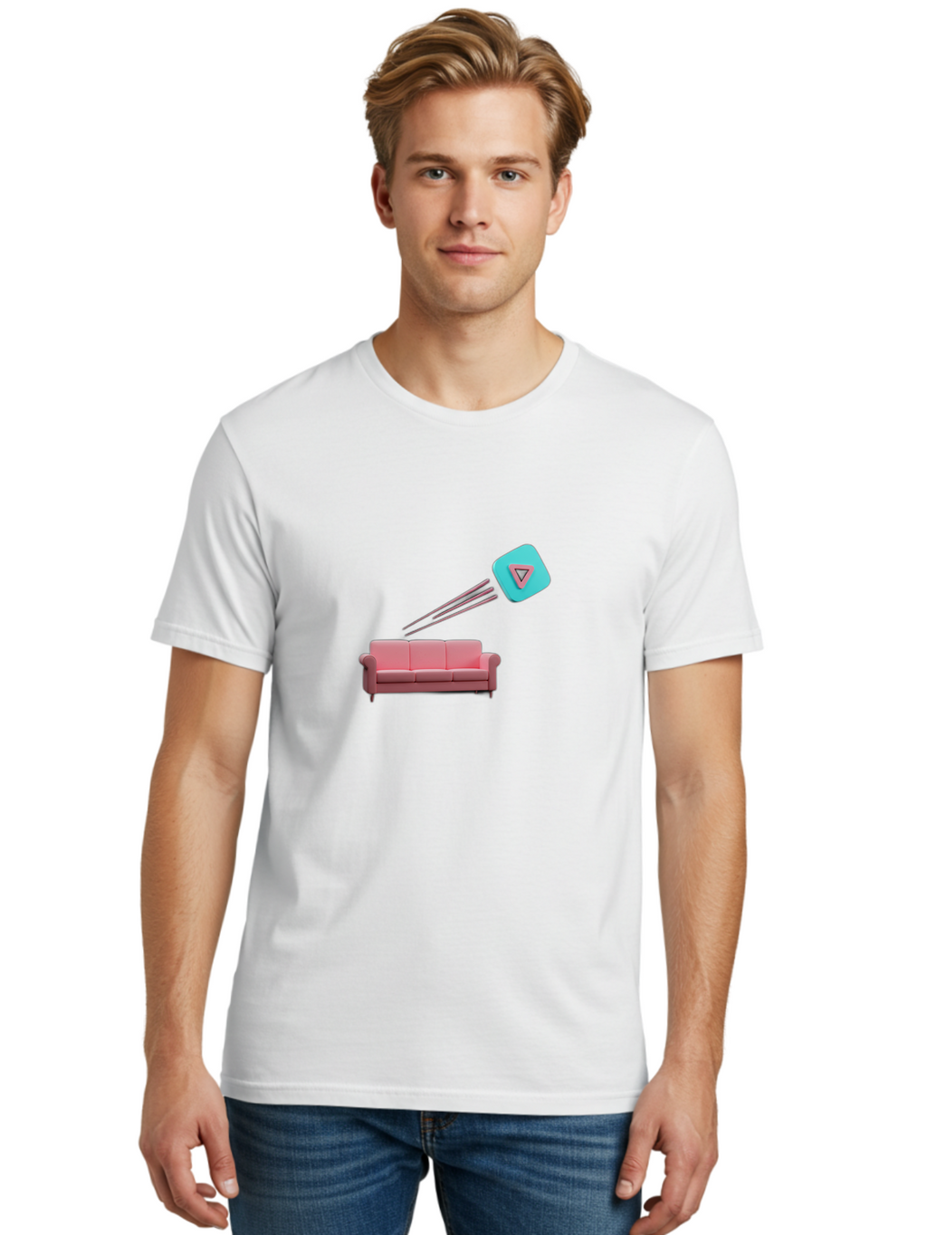 Chamos Men'S Graphic Tee, 100% Cotton, Comfortable Casual Summer Wear, Machine Washable, Pink Sofa, Chatroulette Logo, Blue Icon, Pink Triangle, Three-Dimensional Lines, Modern Design, Social Media, Online Chat, User Interface Bab723