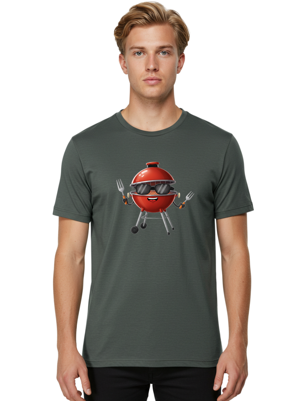 Charcoal-Grill Men'S Graphic Tee, 100% Cotton, Comfortable Casual Summer Wear, Machine Washable, Charcoal Bbq Grill, Barbecue, Grill, Sunglasses, Fork, Cartoon Character, Friendly Face, Summer Fun, Outdoor Cooking, Bbq Accessories Bab726