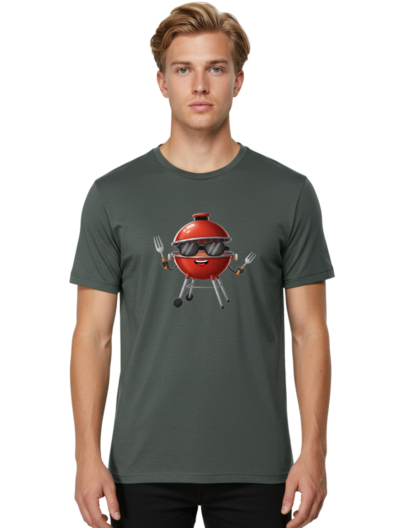 Charcoal-Grill Men'S Graphic Tee, 100% Cotton, Comfortable Casual Summer Wear, Machine Washable, Charcoal Bbq Grill, Barbecue, Grill, Sunglasses, Fork, Cartoon Character, Friendly Face, Summer Fun, Outdoor Cooking, Bbq Accessories Bab726