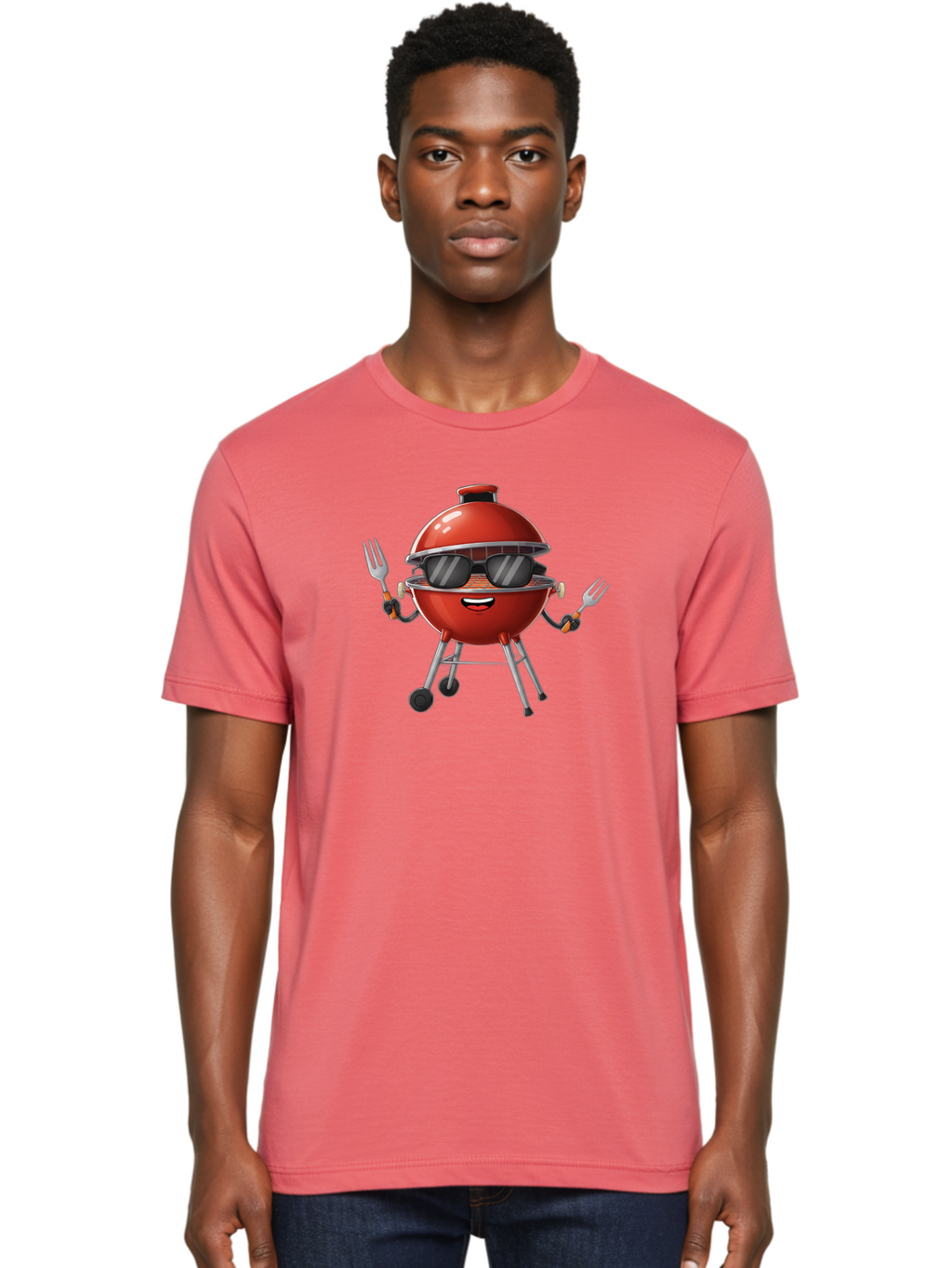 Charcoal-Grill Men'S Graphic Tee, 100% Cotton, Comfortable Casual Summer Wear, Machine Washable, Charcoal Bbq Grill, Barbecue, Grill, Sunglasses, Fork, Cartoon Character, Friendly Face, Summer Fun, Outdoor Cooking, Bbq Accessories Bab726