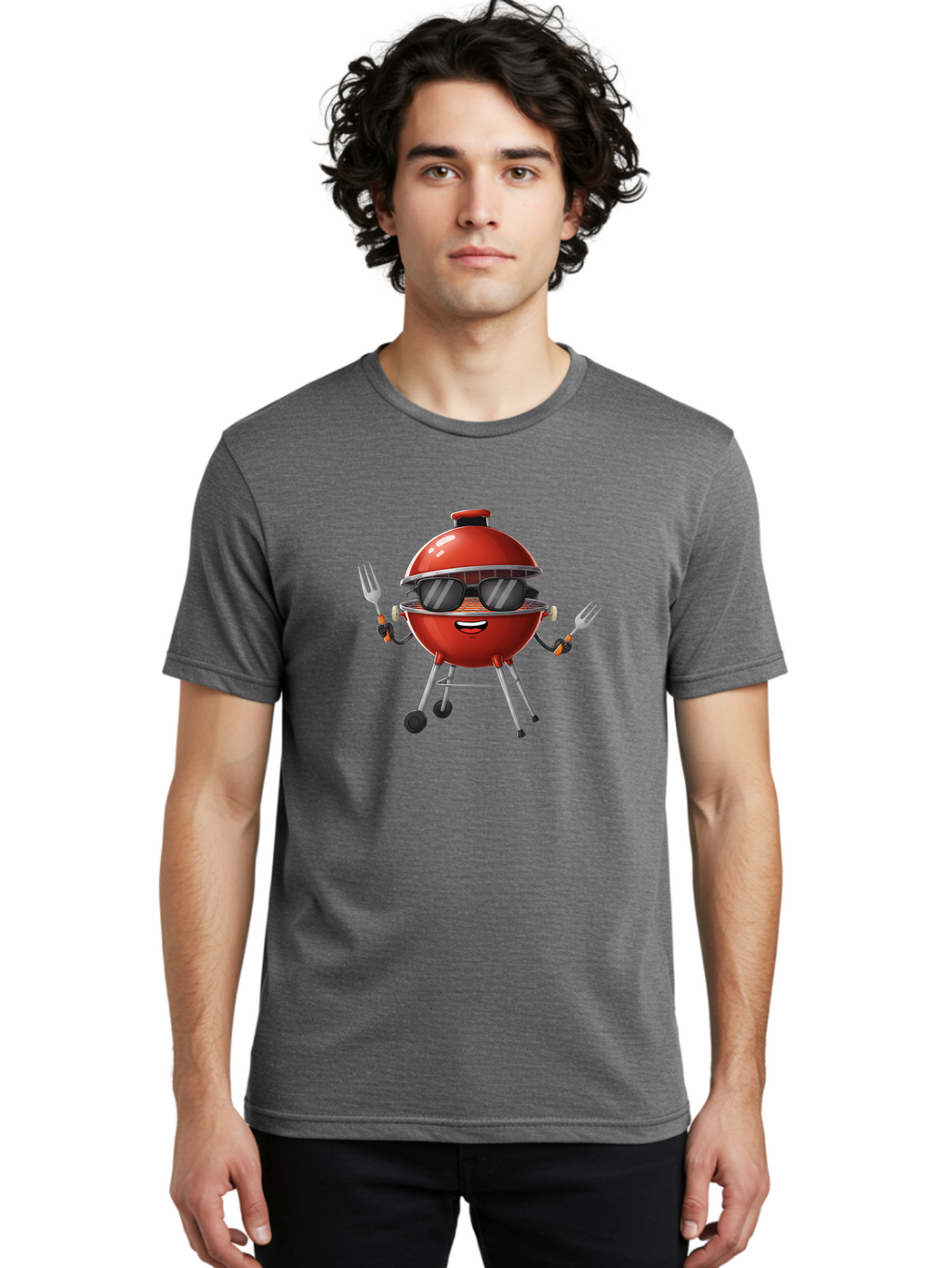 Charcoal-Grill Men'S Graphic Tee, 100% Cotton, Comfortable Casual Summer Wear, Machine Washable, Charcoal Bbq Grill, Barbecue, Grill, Sunglasses, Fork, Cartoon Character, Friendly Face, Summer Fun, Outdoor Cooking, Bbq Accessories Bab726