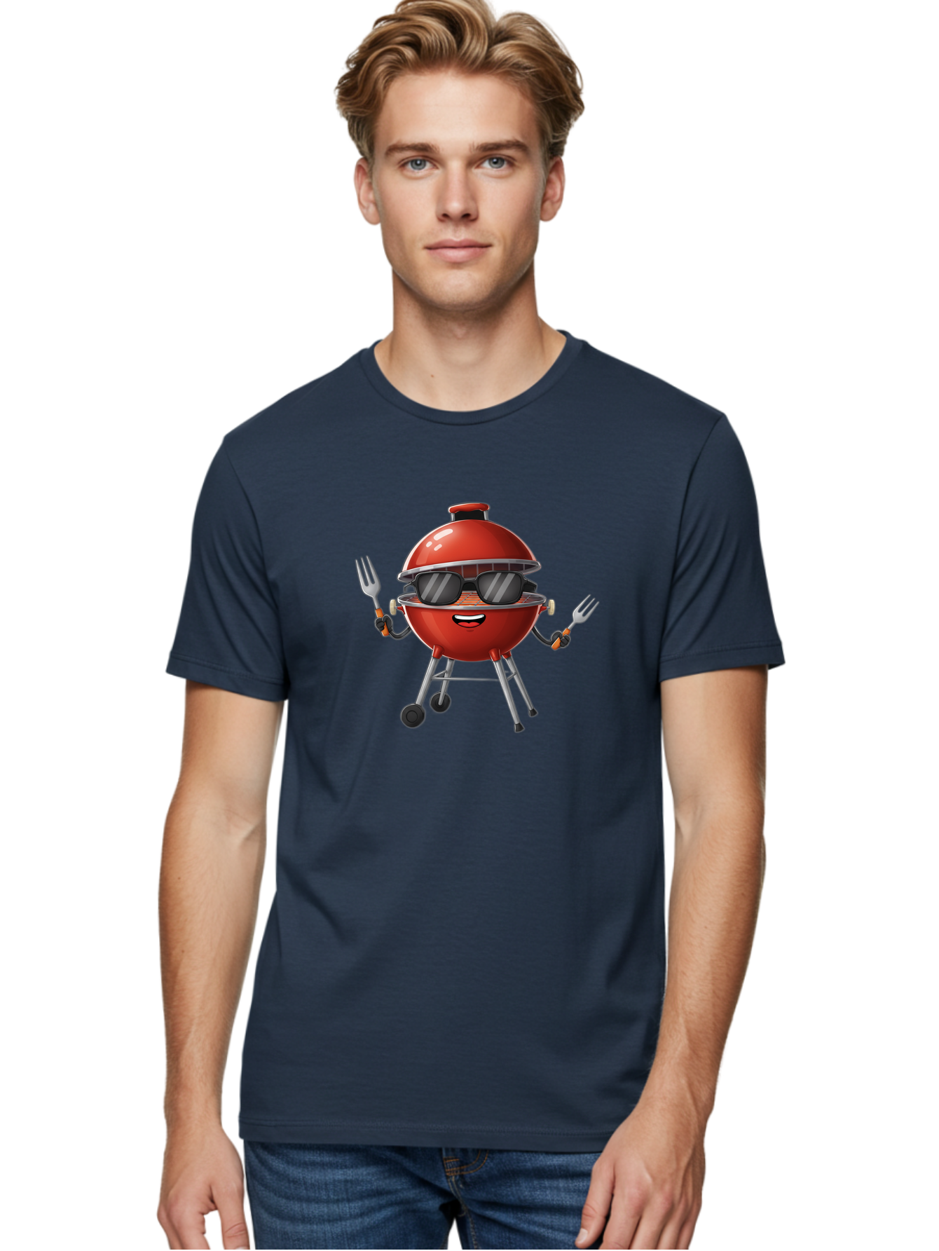 Charcoal-Grill Men'S Graphic Tee, 100% Cotton, Comfortable Casual Summer Wear, Machine Washable, Charcoal Bbq Grill, Barbecue, Grill, Sunglasses, Fork, Cartoon Character, Friendly Face, Summer Fun, Outdoor Cooking, Bbq Accessories Bab726