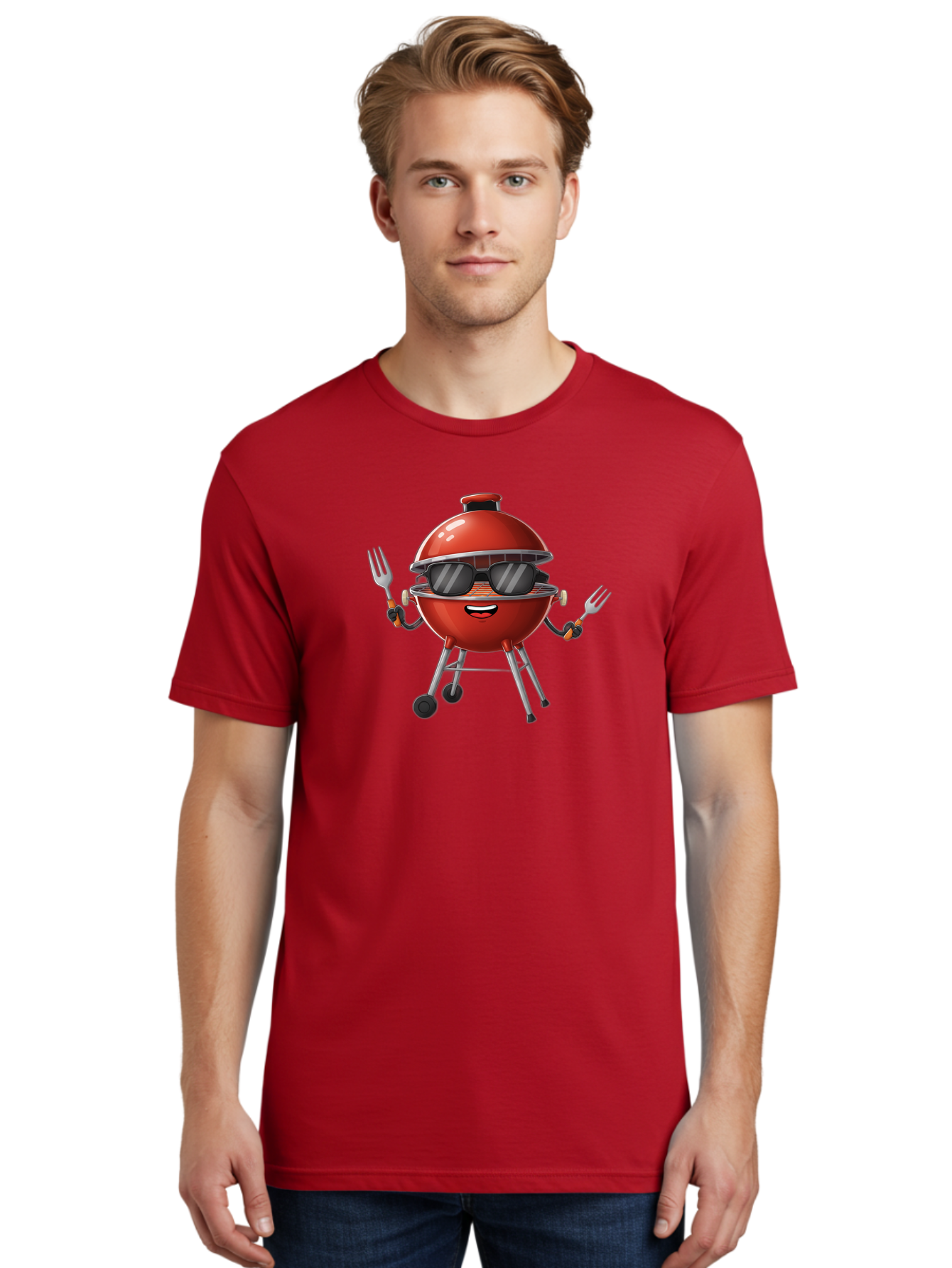 Charcoal-Grill Men'S Graphic Tee, 100% Cotton, Comfortable Casual Summer Wear, Machine Washable, Charcoal Bbq Grill, Barbecue, Grill, Sunglasses, Fork, Cartoon Character, Friendly Face, Summer Fun, Outdoor Cooking, Bbq Accessories Bab726