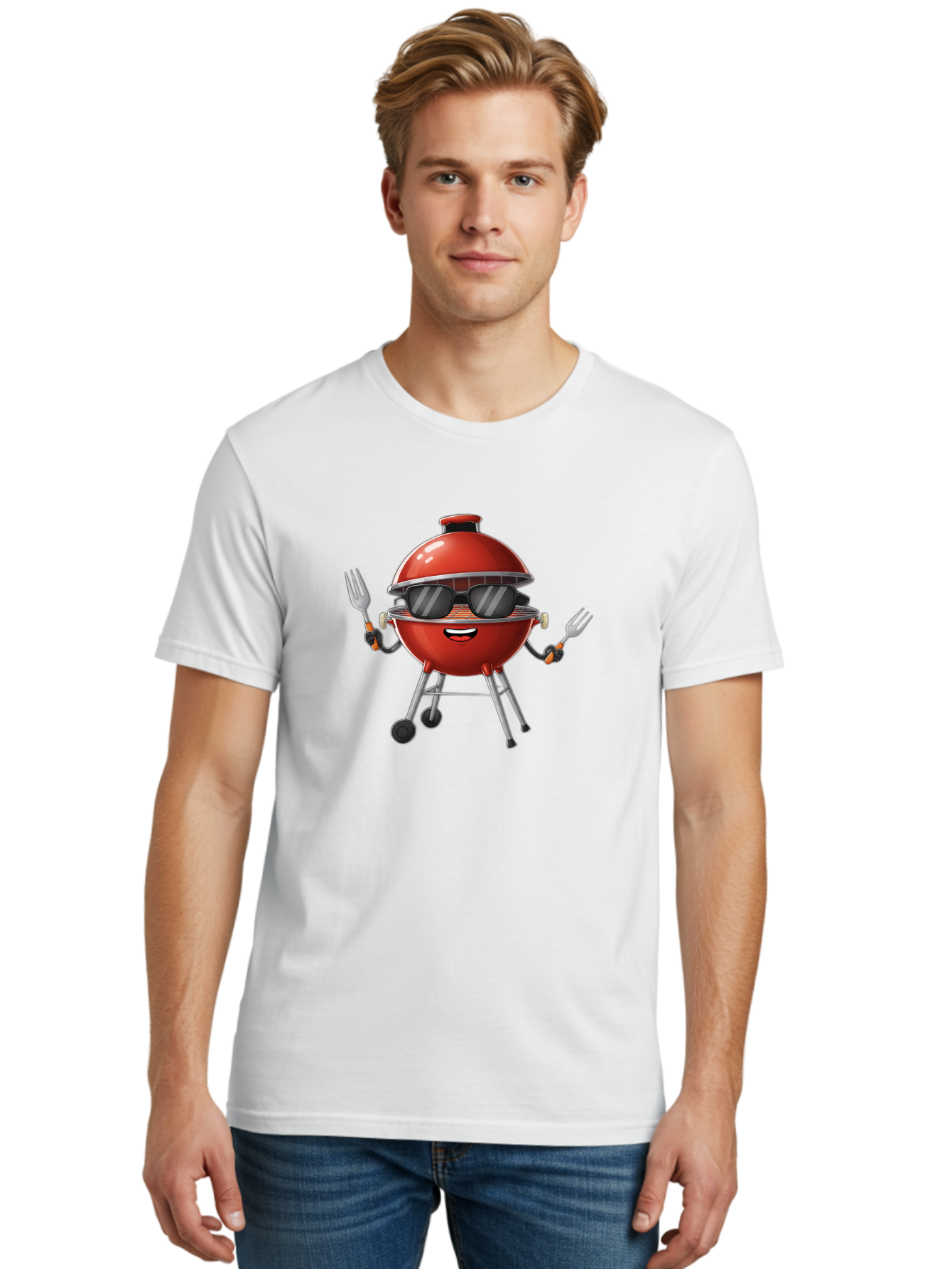 Charcoal-Grill Men'S Graphic Tee, 100% Cotton, Comfortable Casual Summer Wear, Machine Washable, Charcoal Bbq Grill, Barbecue, Grill, Sunglasses, Fork, Cartoon Character, Friendly Face, Summer Fun, Outdoor Cooking, Bbq Accessories Bab726