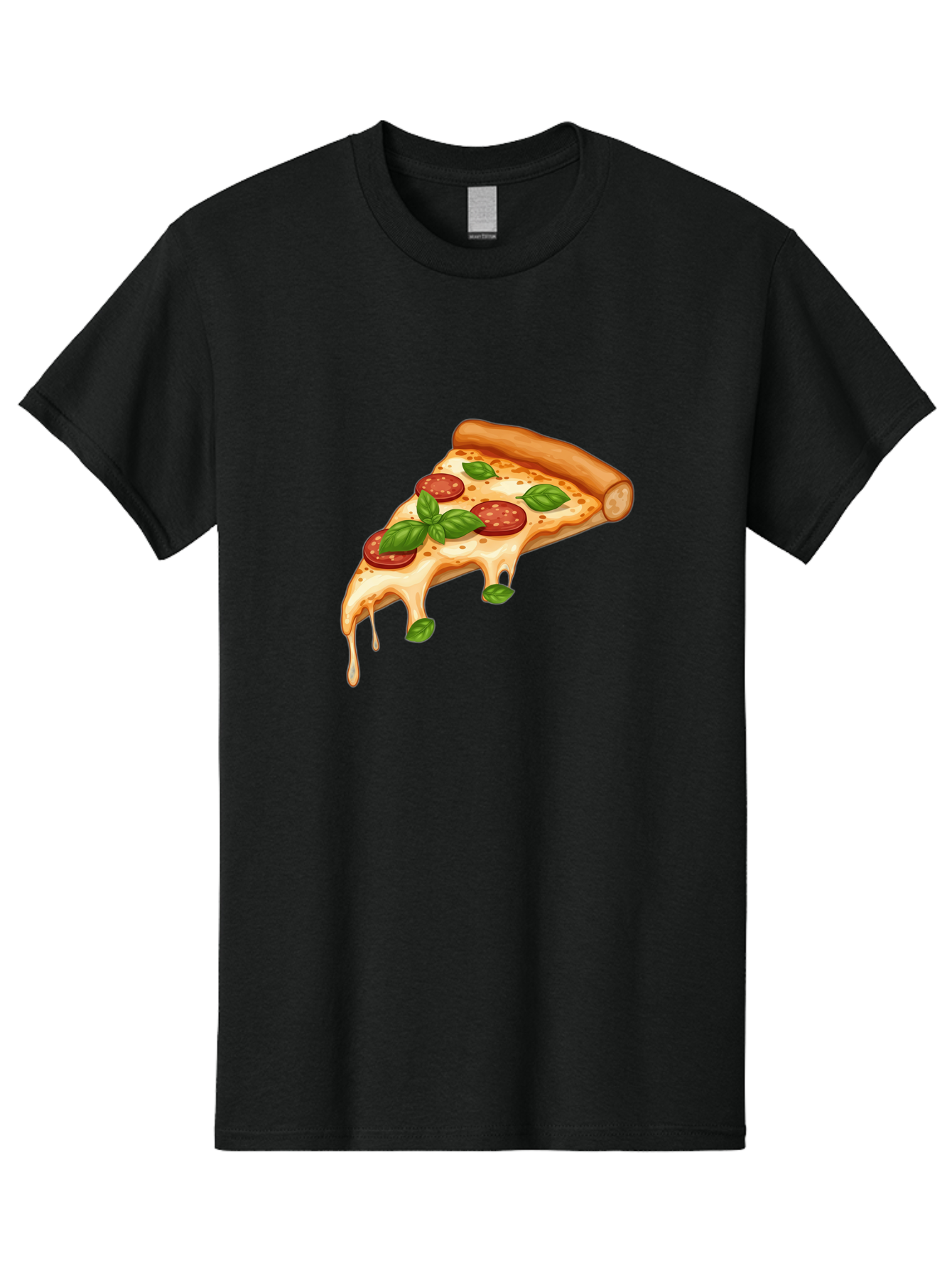 Cheesy-Pepperoni-Pizza-Slice Men'S Graphic Tee, 100% Cotton, Comfortable Casual Summer Wear, Machine Washable, Cheesy Pizza Slice, Pepperoni Pizza, Basil Leaves, Melted Cheese, Italian Food, Savory Snack, Pizza Topping, Food Illustration Bab727