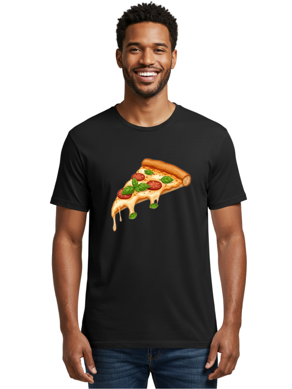 Cheesy-Pepperoni-Pizza-Slice Men'S Graphic Tee, 100% Cotton, Comfortable Casual Summer Wear, Machine Washable, Cheesy Pizza Slice, Pepperoni Pizza, Basil Leaves, Melted Cheese, Italian Food, Savory Snack, Pizza Topping, Food Illustration Bab727