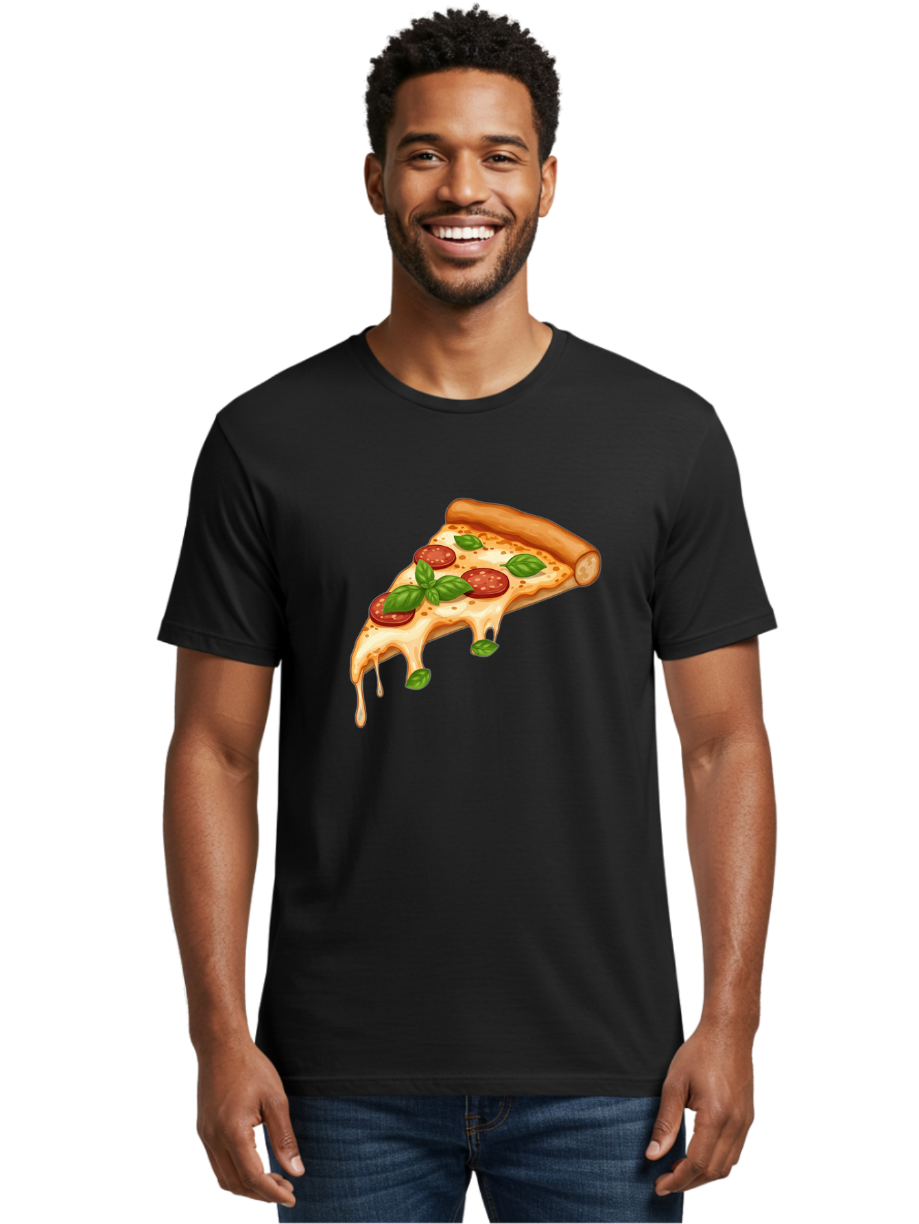 Cheesy-Pepperoni-Pizza-Slice Men'S Graphic Tee, 100% Cotton, Comfortable Casual Summer Wear, Machine Washable, Cheesy Pizza Slice, Pepperoni Pizza, Basil Leaves, Melted Cheese, Italian Food, Savory Snack, Pizza Topping, Food Illustration Bab727