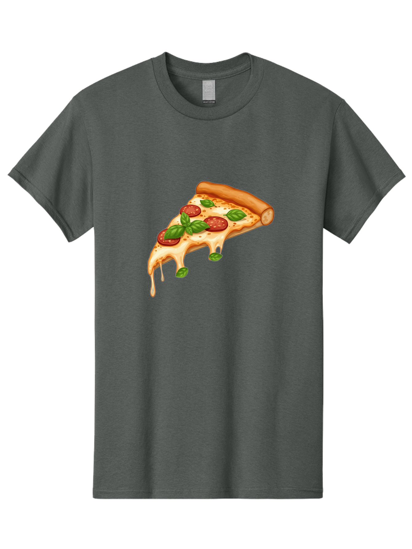 Cheesy-Pepperoni-Pizza-Slice Men'S Graphic Tee, 100% Cotton, Comfortable Casual Summer Wear, Machine Washable, Cheesy Pizza Slice, Pepperoni Pizza, Basil Leaves, Melted Cheese, Italian Food, Savory Snack, Pizza Topping, Food Illustration Bab727