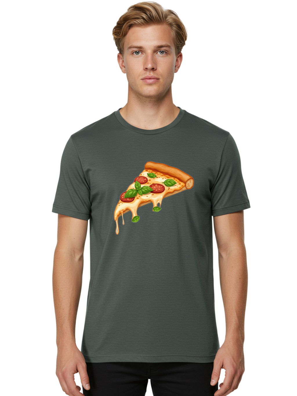 Cheesy-Pepperoni-Pizza-Slice Men'S Graphic Tee, 100% Cotton, Comfortable Casual Summer Wear, Machine Washable, Cheesy Pizza Slice, Pepperoni Pizza, Basil Leaves, Melted Cheese, Italian Food, Savory Snack, Pizza Topping, Food Illustration Bab727