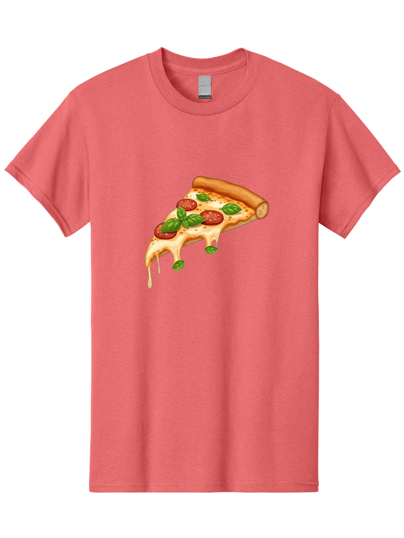 Cheesy-Pepperoni-Pizza-Slice Men'S Graphic Tee, 100% Cotton, Comfortable Casual Summer Wear, Machine Washable, Cheesy Pizza Slice, Pepperoni Pizza, Basil Leaves, Melted Cheese, Italian Food, Savory Snack, Pizza Topping, Food Illustration Bab727