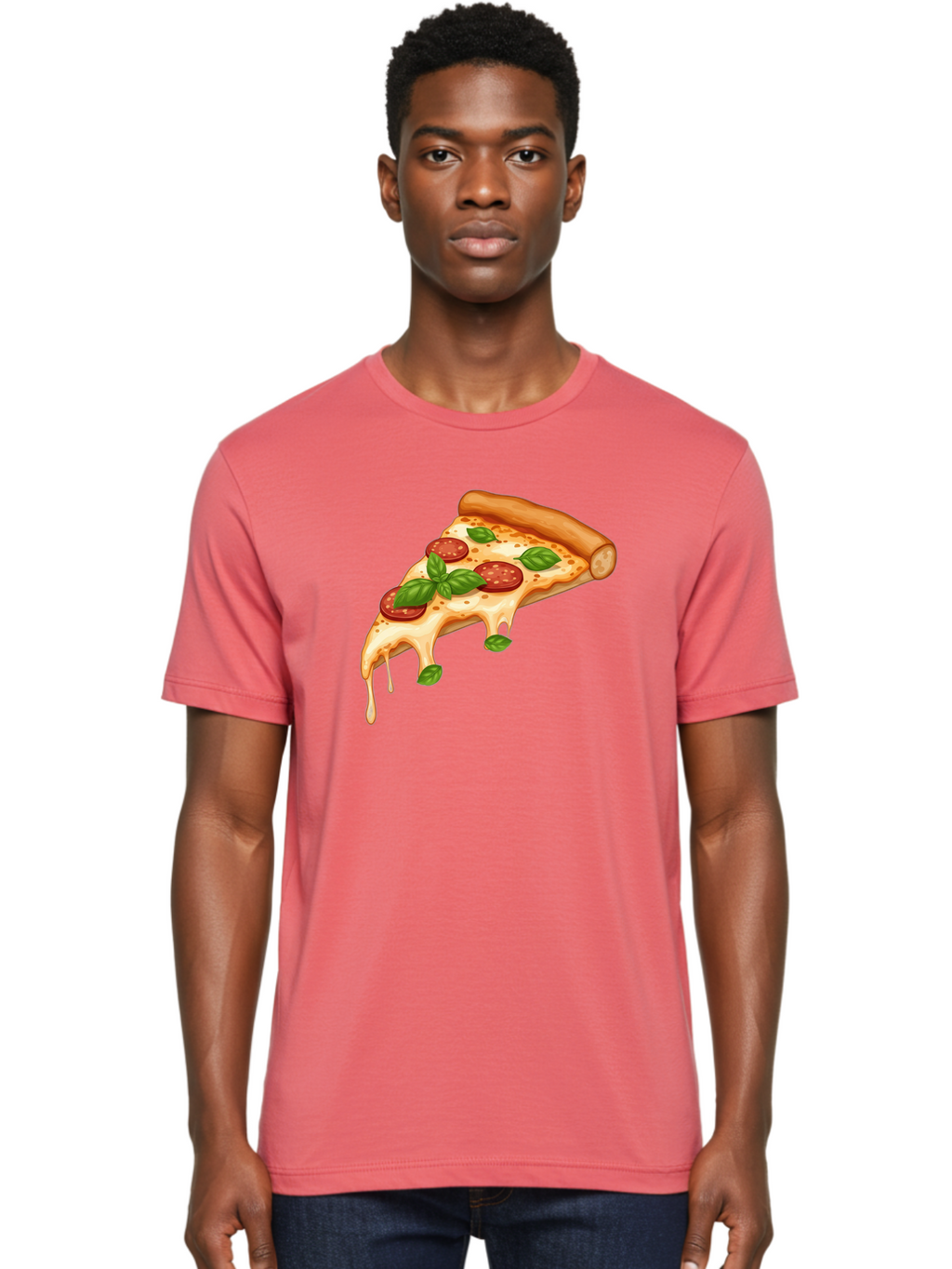 Cheesy-Pepperoni-Pizza-Slice Men'S Graphic Tee, 100% Cotton, Comfortable Casual Summer Wear, Machine Washable, Cheesy Pizza Slice, Pepperoni Pizza, Basil Leaves, Melted Cheese, Italian Food, Savory Snack, Pizza Topping, Food Illustration Bab727