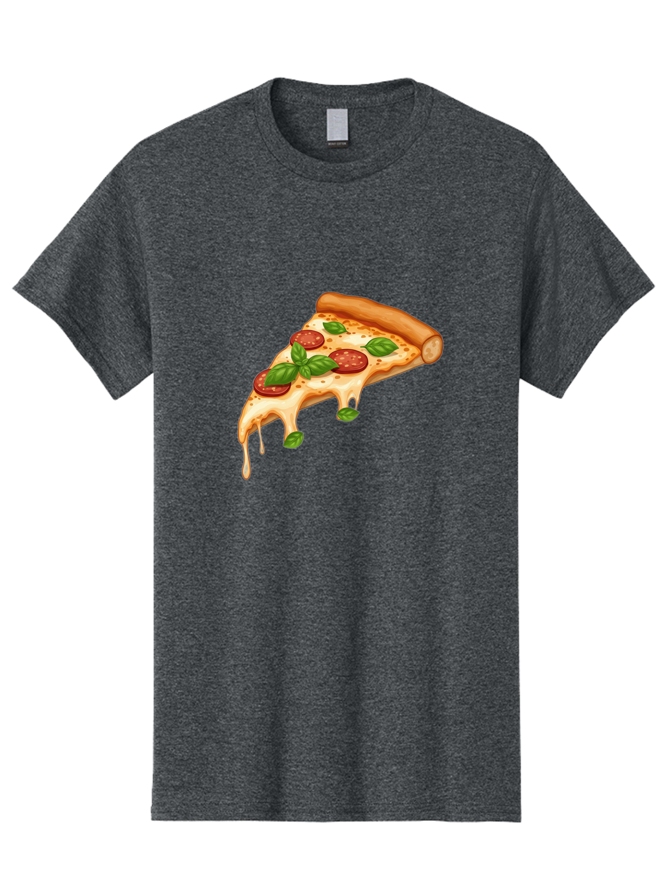 Cheesy-Pepperoni-Pizza-Slice Men'S Graphic Tee, 100% Cotton, Comfortable Casual Summer Wear, Machine Washable, Cheesy Pizza Slice, Pepperoni Pizza, Basil Leaves, Melted Cheese, Italian Food, Savory Snack, Pizza Topping, Food Illustration Bab727