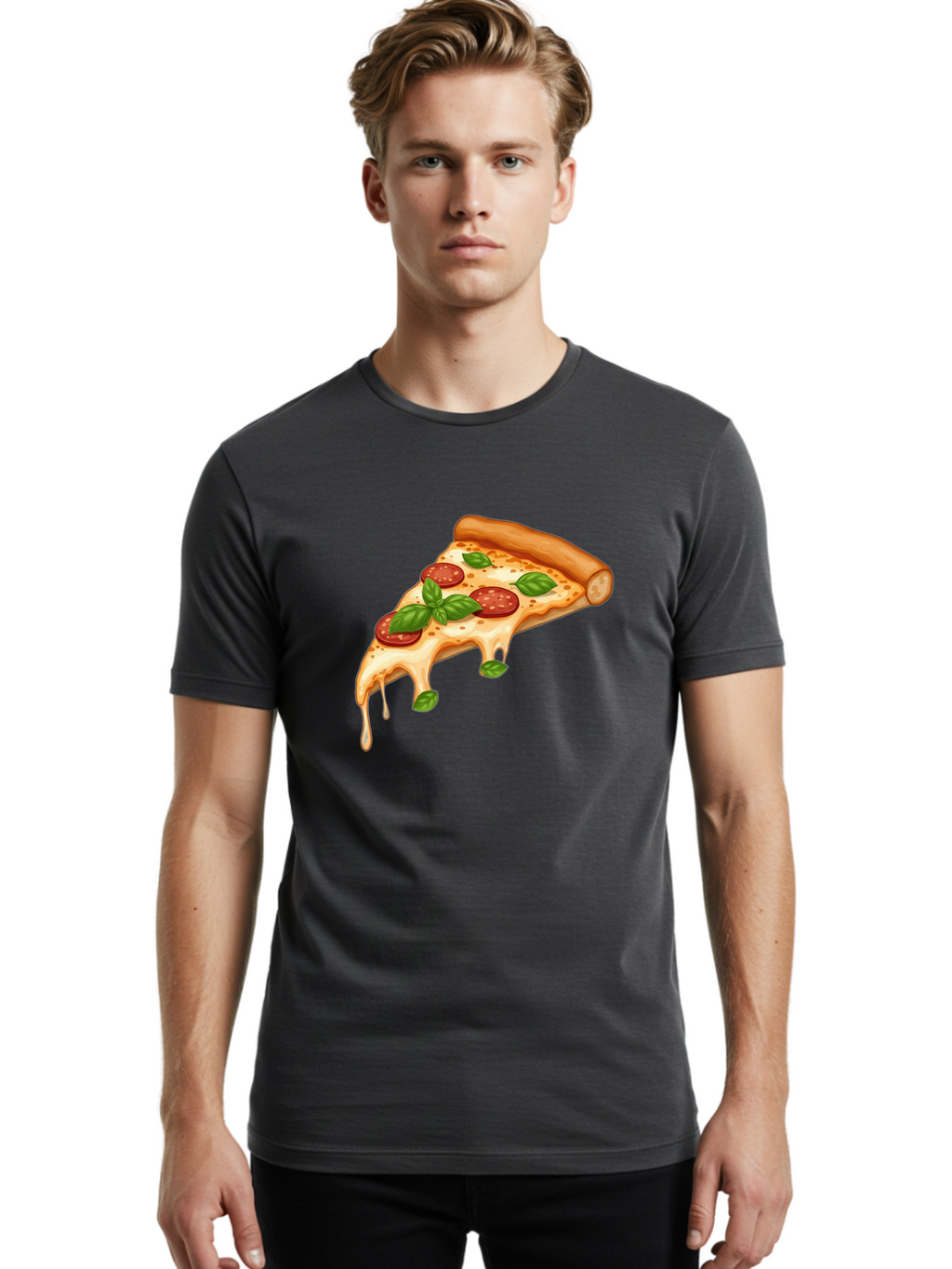 Cheesy-Pepperoni-Pizza-Slice Men'S Graphic Tee, 100% Cotton, Comfortable Casual Summer Wear, Machine Washable, Cheesy Pizza Slice, Pepperoni Pizza, Basil Leaves, Melted Cheese, Italian Food, Savory Snack, Pizza Topping, Food Illustration Bab727