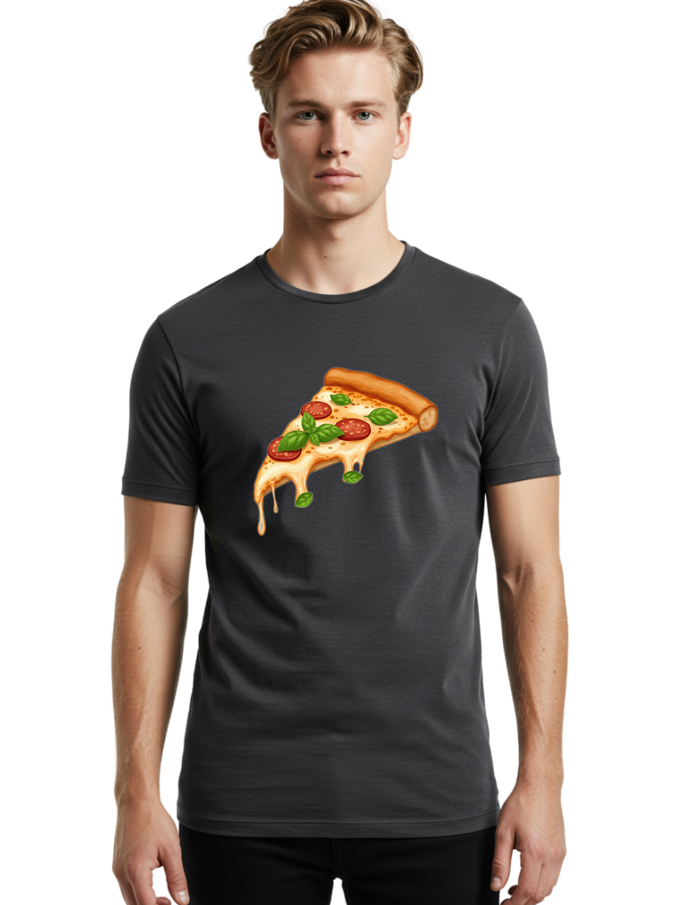 Cheesy-Pepperoni-Pizza-Slice Men'S Graphic Tee, 100% Cotton, Comfortable Casual Summer Wear, Machine Washable, Cheesy Pizza Slice, Pepperoni Pizza, Basil Leaves, Melted Cheese, Italian Food, Savory Snack, Pizza Topping, Food Illustration Bab727