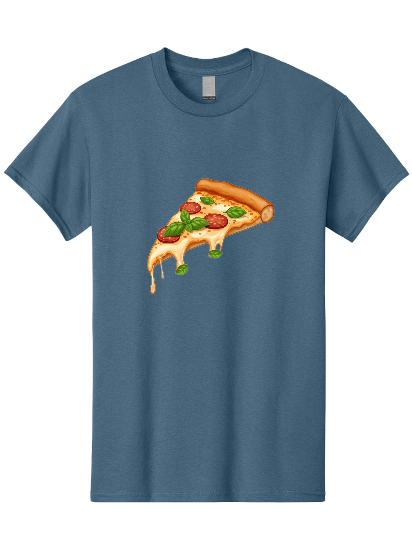 Cheesy-Pepperoni-Pizza-Slice Men'S Graphic Tee, 100% Cotton, Comfortable Casual Summer Wear, Machine Washable, Cheesy Pizza Slice, Pepperoni Pizza, Basil Leaves, Melted Cheese, Italian Food, Savory Snack, Pizza Topping, Food Illustration Bab727