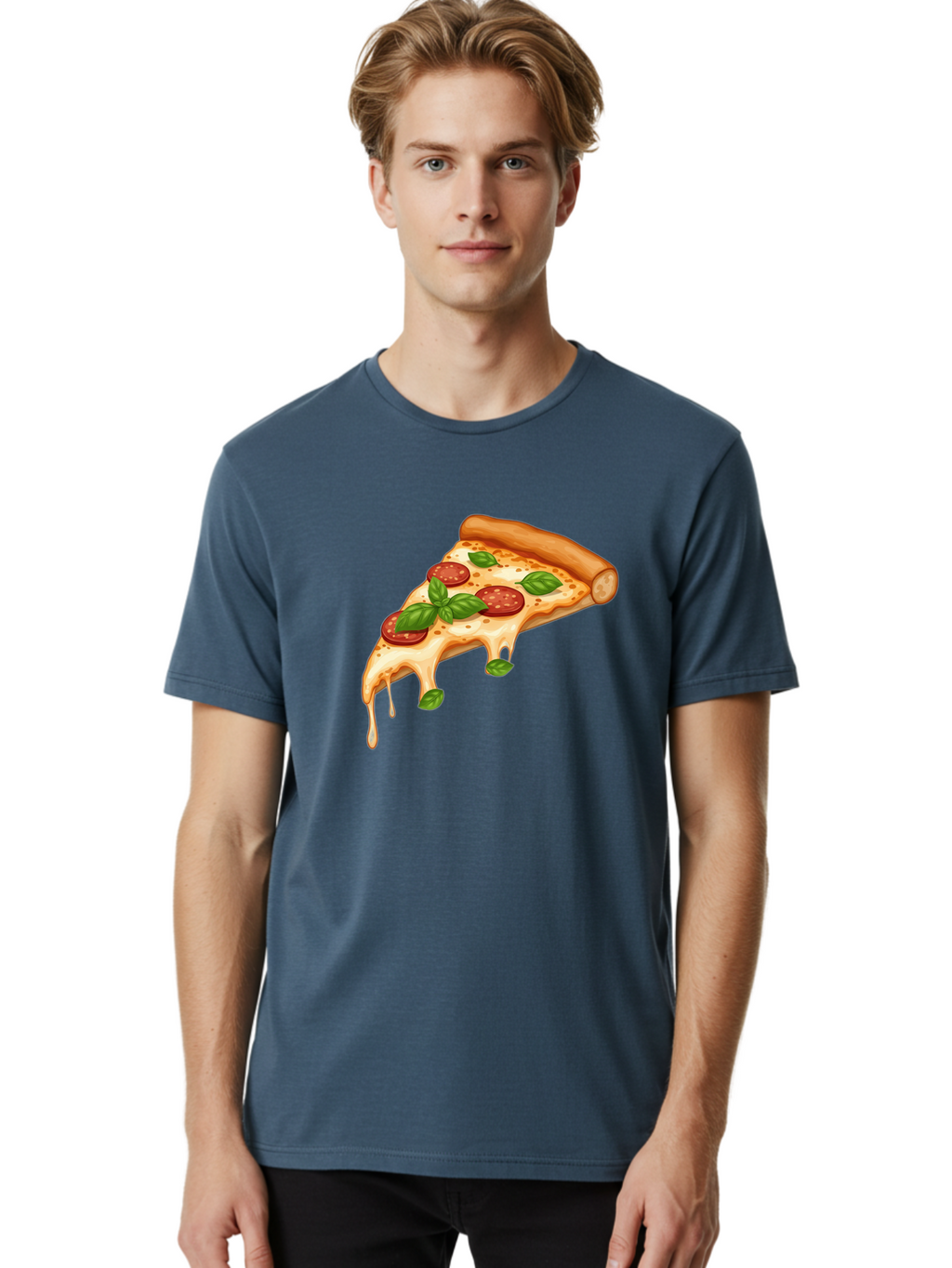 Cheesy-Pepperoni-Pizza-Slice Men'S Graphic Tee, 100% Cotton, Comfortable Casual Summer Wear, Machine Washable, Cheesy Pizza Slice, Pepperoni Pizza, Basil Leaves, Melted Cheese, Italian Food, Savory Snack, Pizza Topping, Food Illustration Bab727