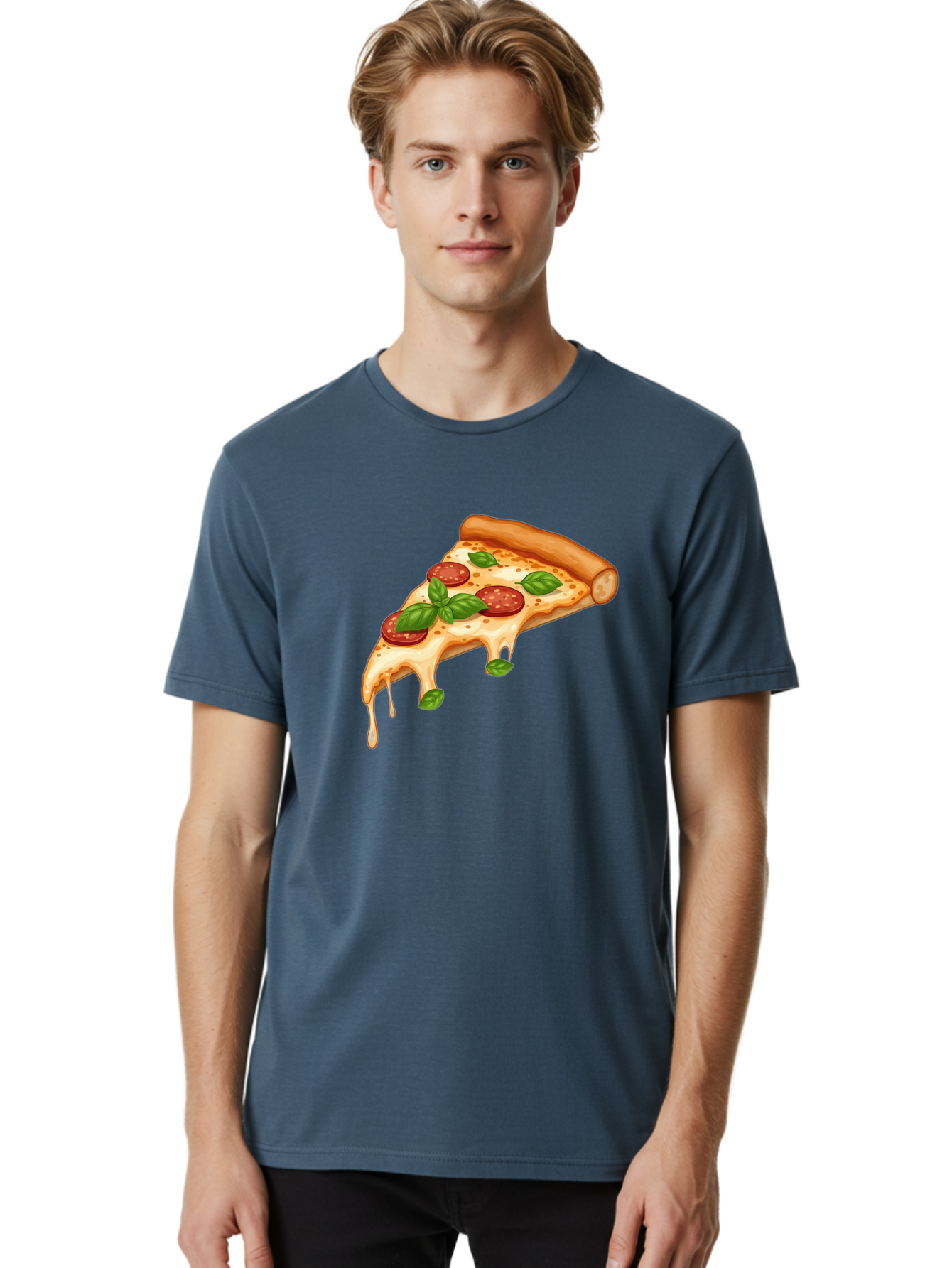 Cheesy-Pepperoni-Pizza-Slice Men'S Graphic Tee, 100% Cotton, Comfortable Casual Summer Wear, Machine Washable, Cheesy Pizza Slice, Pepperoni Pizza, Basil Leaves, Melted Cheese, Italian Food, Savory Snack, Pizza Topping, Food Illustration Bab727