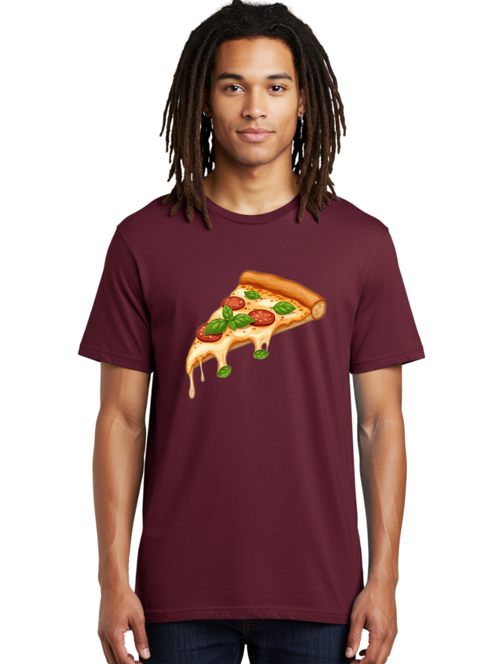Cheesy-Pepperoni-Pizza-Slice Men'S Graphic Tee, 100% Cotton, Comfortable Casual Summer Wear, Machine Washable, Cheesy Pizza Slice, Pepperoni Pizza, Basil Leaves, Melted Cheese, Italian Food, Savory Snack, Pizza Topping, Food Illustration Bab727
