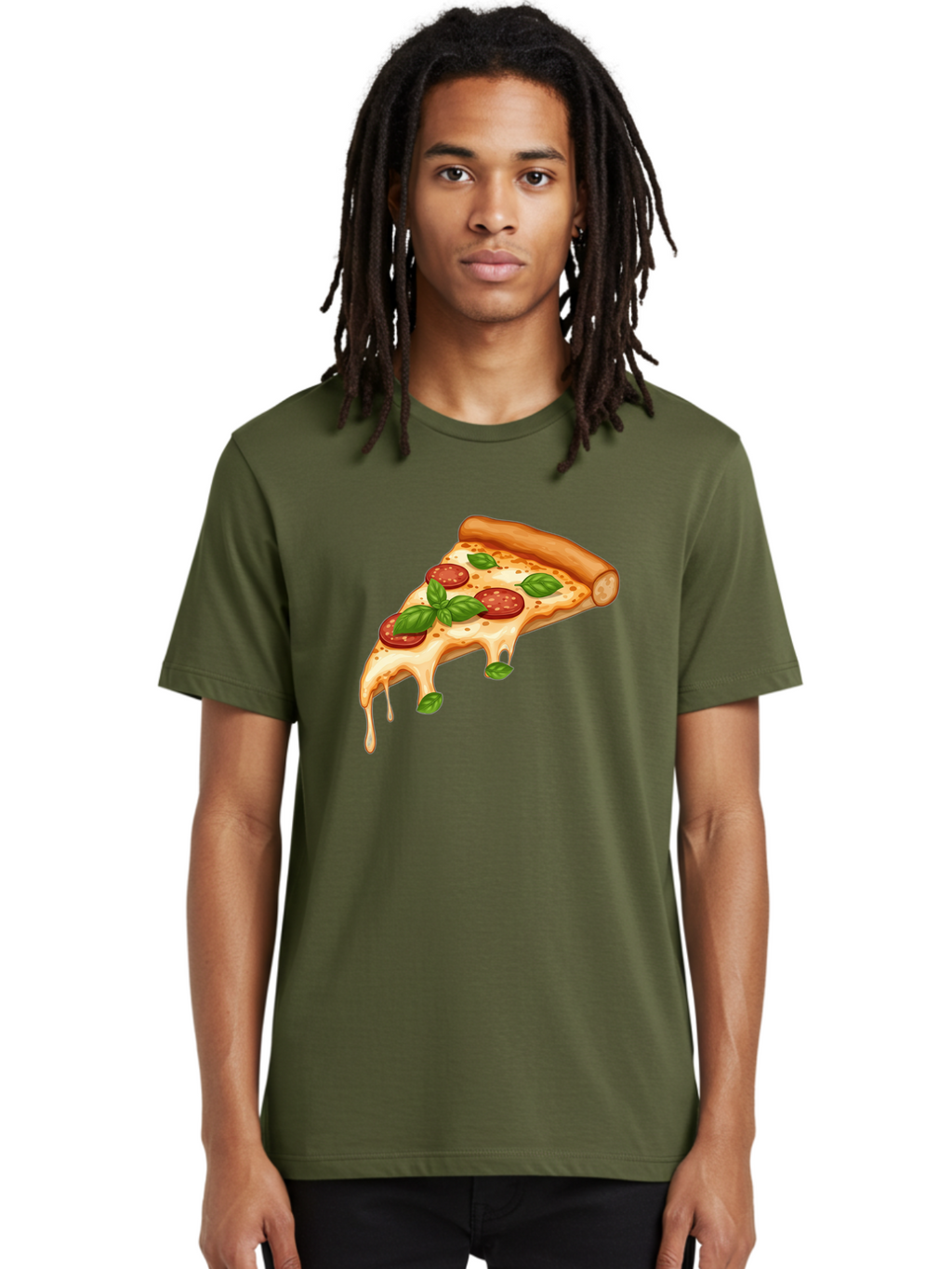 Cheesy-Pepperoni-Pizza-Slice Men'S Graphic Tee, 100% Cotton, Comfortable Casual Summer Wear, Machine Washable, Cheesy Pizza Slice, Pepperoni Pizza, Basil Leaves, Melted Cheese, Italian Food, Savory Snack, Pizza Topping, Food Illustration Bab727