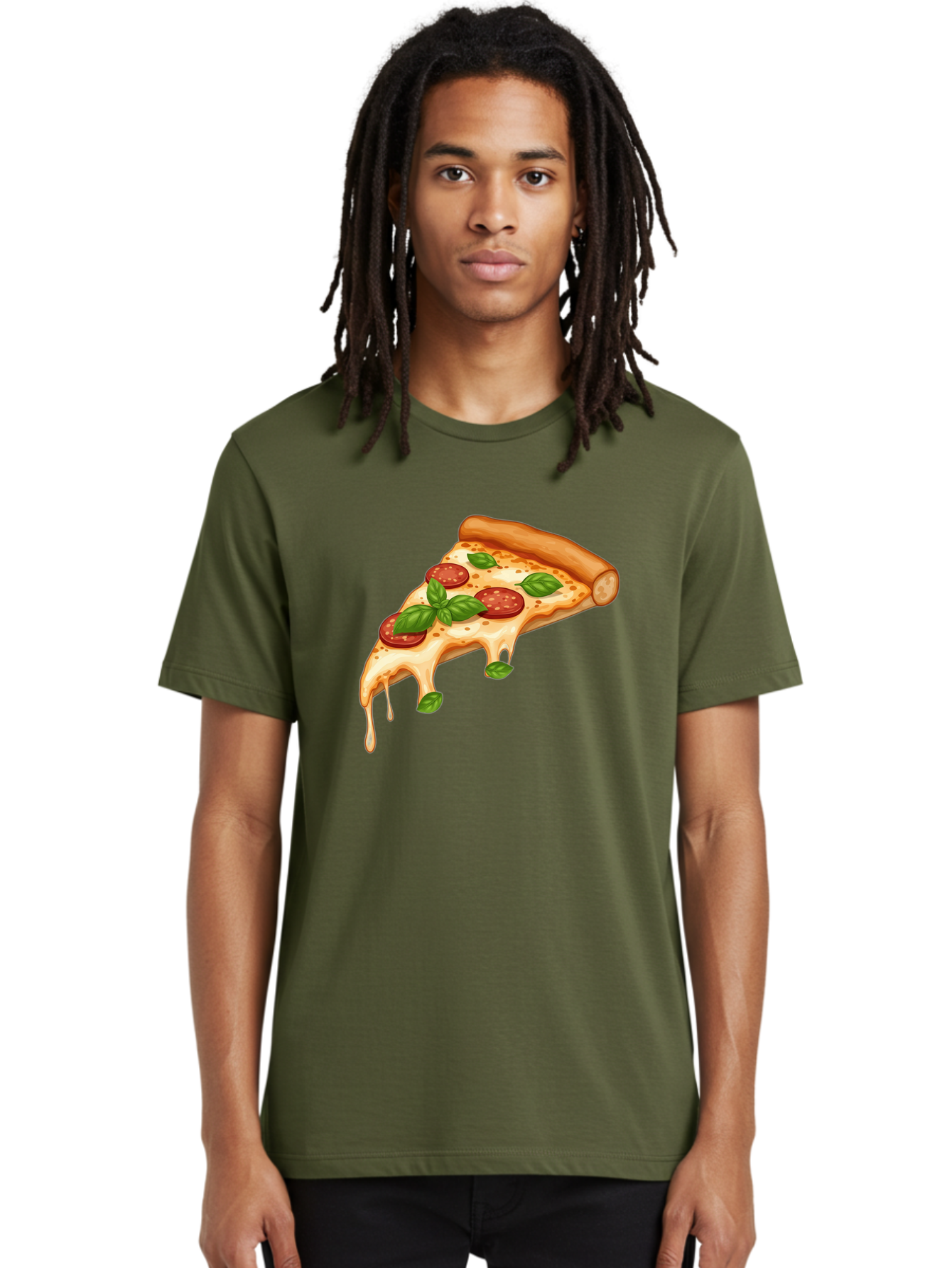 Cheesy-Pepperoni-Pizza-Slice Men'S Graphic Tee, 100% Cotton, Comfortable Casual Summer Wear, Machine Washable, Cheesy Pizza Slice, Pepperoni Pizza, Basil Leaves, Melted Cheese, Italian Food, Savory Snack, Pizza Topping, Food Illustration Bab727
