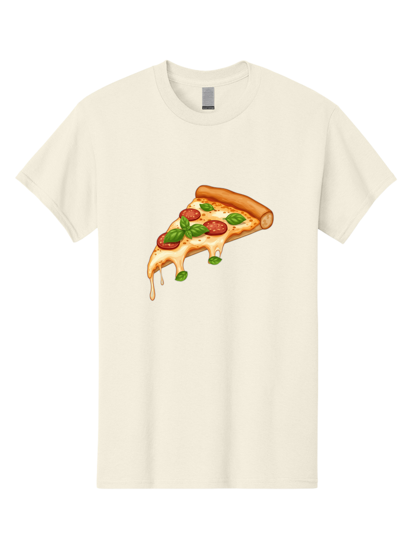 Cheesy-Pepperoni-Pizza-Slice Men'S Graphic Tee, 100% Cotton, Comfortable Casual Summer Wear, Machine Washable, Cheesy Pizza Slice, Pepperoni Pizza, Basil Leaves, Melted Cheese, Italian Food, Savory Snack, Pizza Topping, Food Illustration Bab727