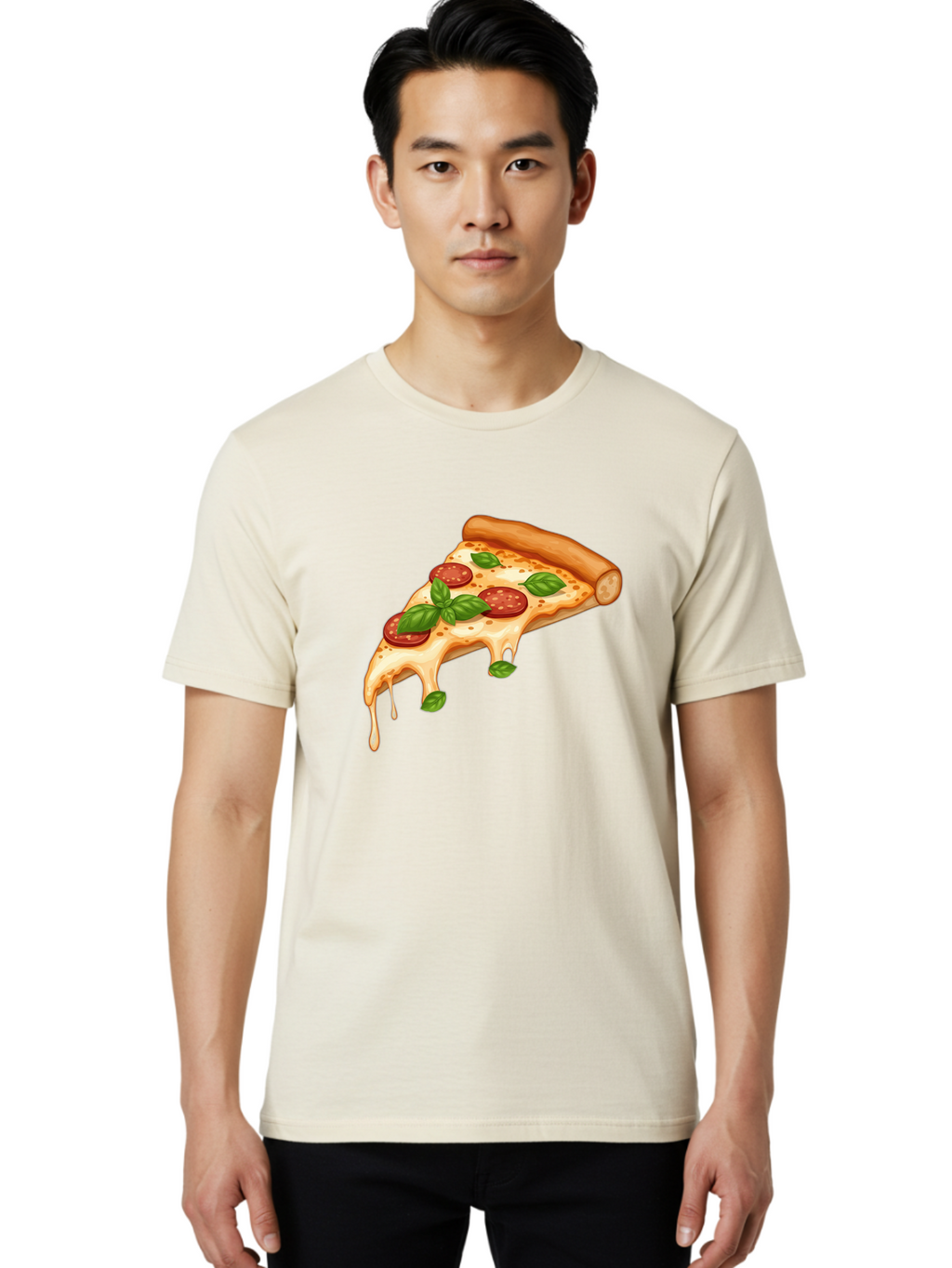 Cheesy-Pepperoni-Pizza-Slice Men'S Graphic Tee, 100% Cotton, Comfortable Casual Summer Wear, Machine Washable, Cheesy Pizza Slice, Pepperoni Pizza, Basil Leaves, Melted Cheese, Italian Food, Savory Snack, Pizza Topping, Food Illustration Bab727