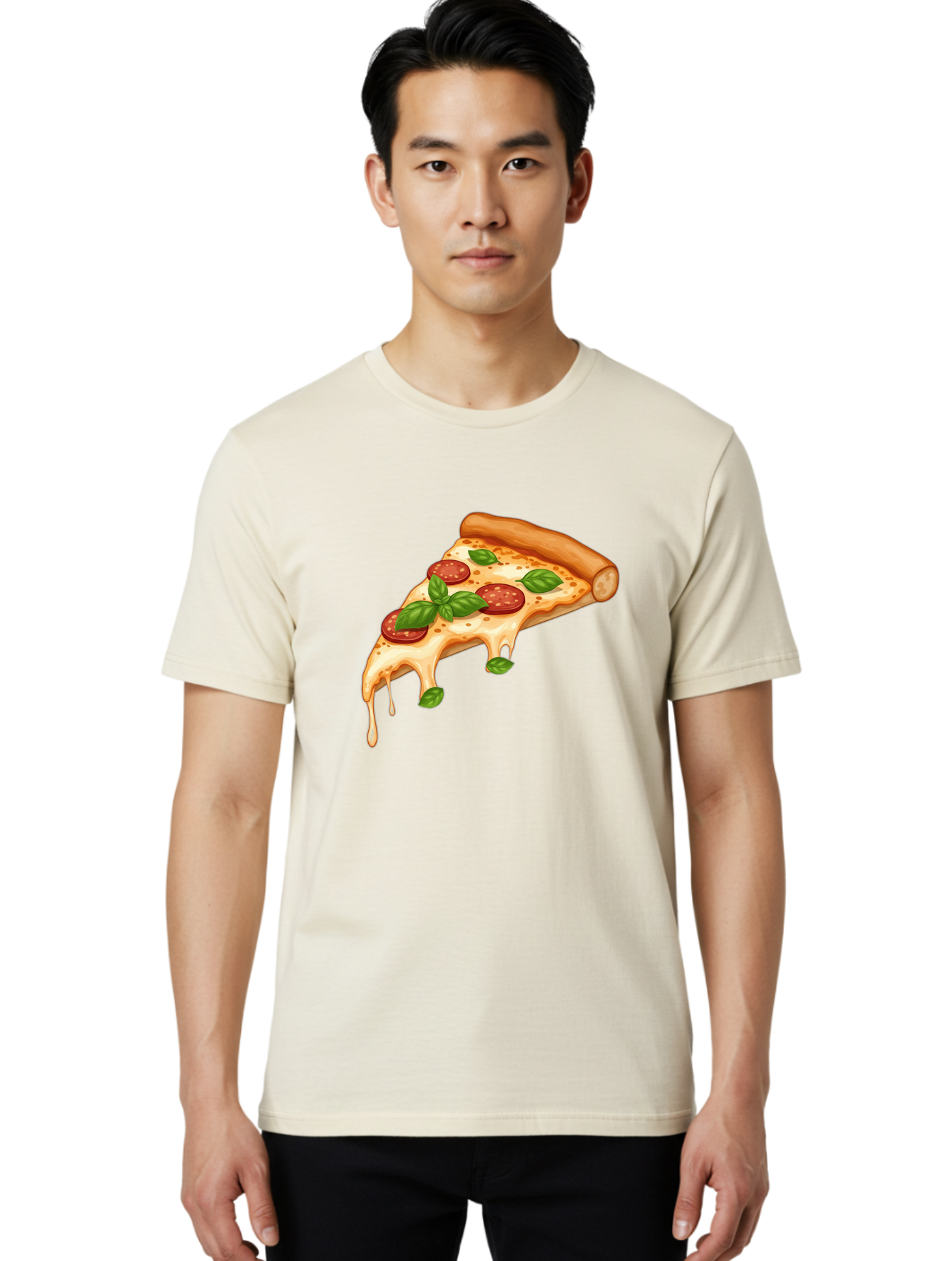 Cheesy-Pepperoni-Pizza-Slice Men'S Graphic Tee, 100% Cotton, Comfortable Casual Summer Wear, Machine Washable, Cheesy Pizza Slice, Pepperoni Pizza, Basil Leaves, Melted Cheese, Italian Food, Savory Snack, Pizza Topping, Food Illustration Bab727