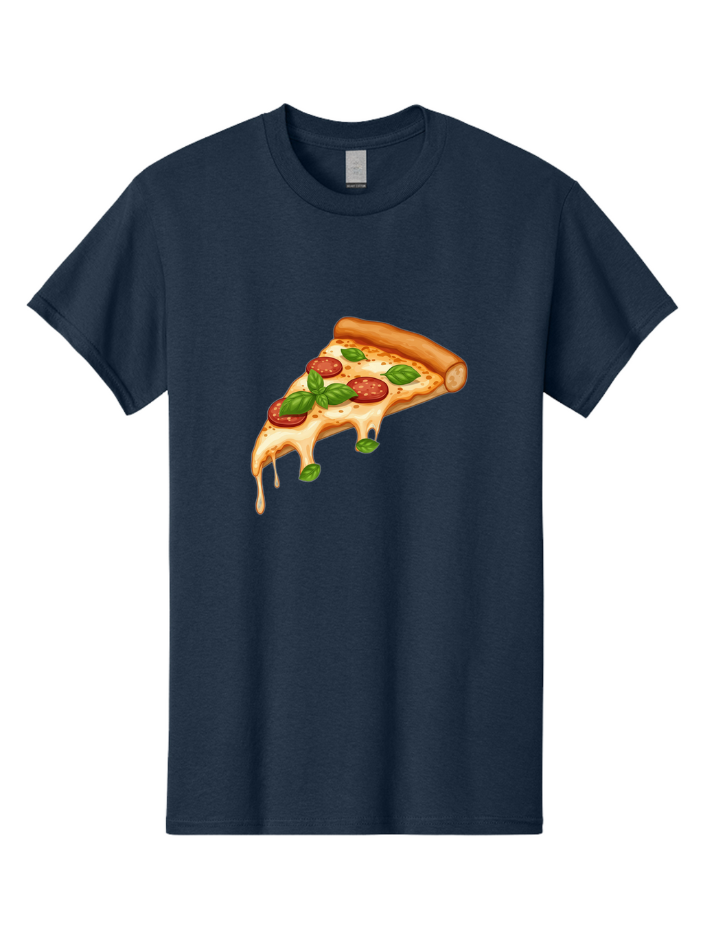 Cheesy-Pepperoni-Pizza-Slice Men'S Graphic Tee, 100% Cotton, Comfortable Casual Summer Wear, Machine Washable, Cheesy Pizza Slice, Pepperoni Pizza, Basil Leaves, Melted Cheese, Italian Food, Savory Snack, Pizza Topping, Food Illustration Bab727