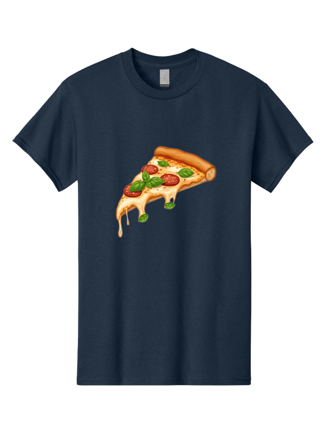 Cheesy-Pepperoni-Pizza-Slice Men'S Graphic Tee, 100% Cotton, Comfortable Casual Summer Wear, Machine Washable, Cheesy Pizza Slice, Pepperoni Pizza, Basil Leaves, Melted Cheese, Italian Food, Savory Snack, Pizza Topping, Food Illustration Bab727