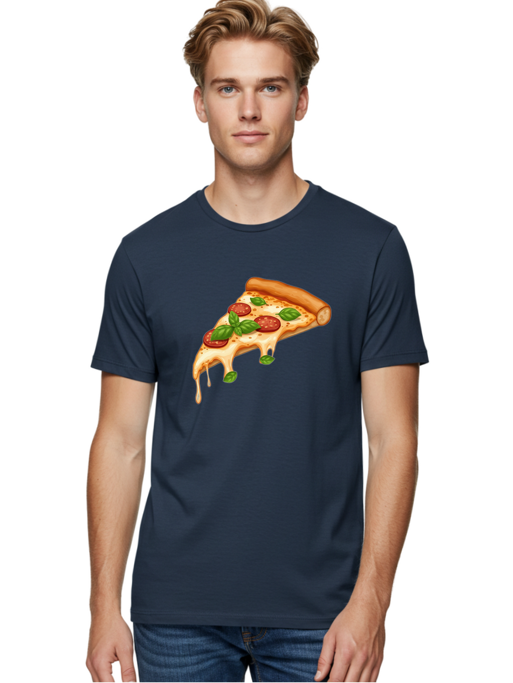 Cheesy-Pepperoni-Pizza-Slice Men'S Graphic Tee, 100% Cotton, Comfortable Casual Summer Wear, Machine Washable, Cheesy Pizza Slice, Pepperoni Pizza, Basil Leaves, Melted Cheese, Italian Food, Savory Snack, Pizza Topping, Food Illustration Bab727