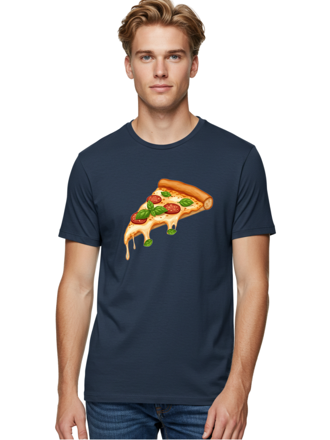 Cheesy-Pepperoni-Pizza-Slice Men'S Graphic Tee, 100% Cotton, Comfortable Casual Summer Wear, Machine Washable, Cheesy Pizza Slice, Pepperoni Pizza, Basil Leaves, Melted Cheese, Italian Food, Savory Snack, Pizza Topping, Food Illustration Bab727