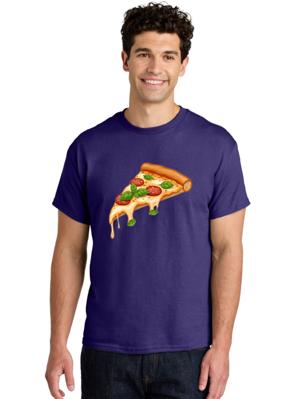 Cheesy-Pepperoni-Pizza-Slice Men'S Graphic Tee, 100% Cotton, Comfortable Casual Summer Wear, Machine Washable, Cheesy Pizza Slice, Pepperoni Pizza, Basil Leaves, Melted Cheese, Italian Food, Savory Snack, Pizza Topping, Food Illustration Bab727