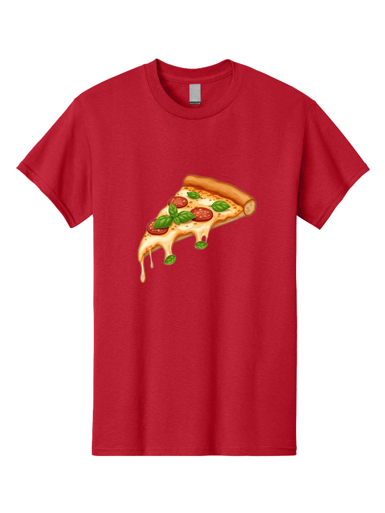Cheesy-Pepperoni-Pizza-Slice Men'S Graphic Tee, 100% Cotton, Comfortable Casual Summer Wear, Machine Washable, Cheesy Pizza Slice, Pepperoni Pizza, Basil Leaves, Melted Cheese, Italian Food, Savory Snack, Pizza Topping, Food Illustration Bab727