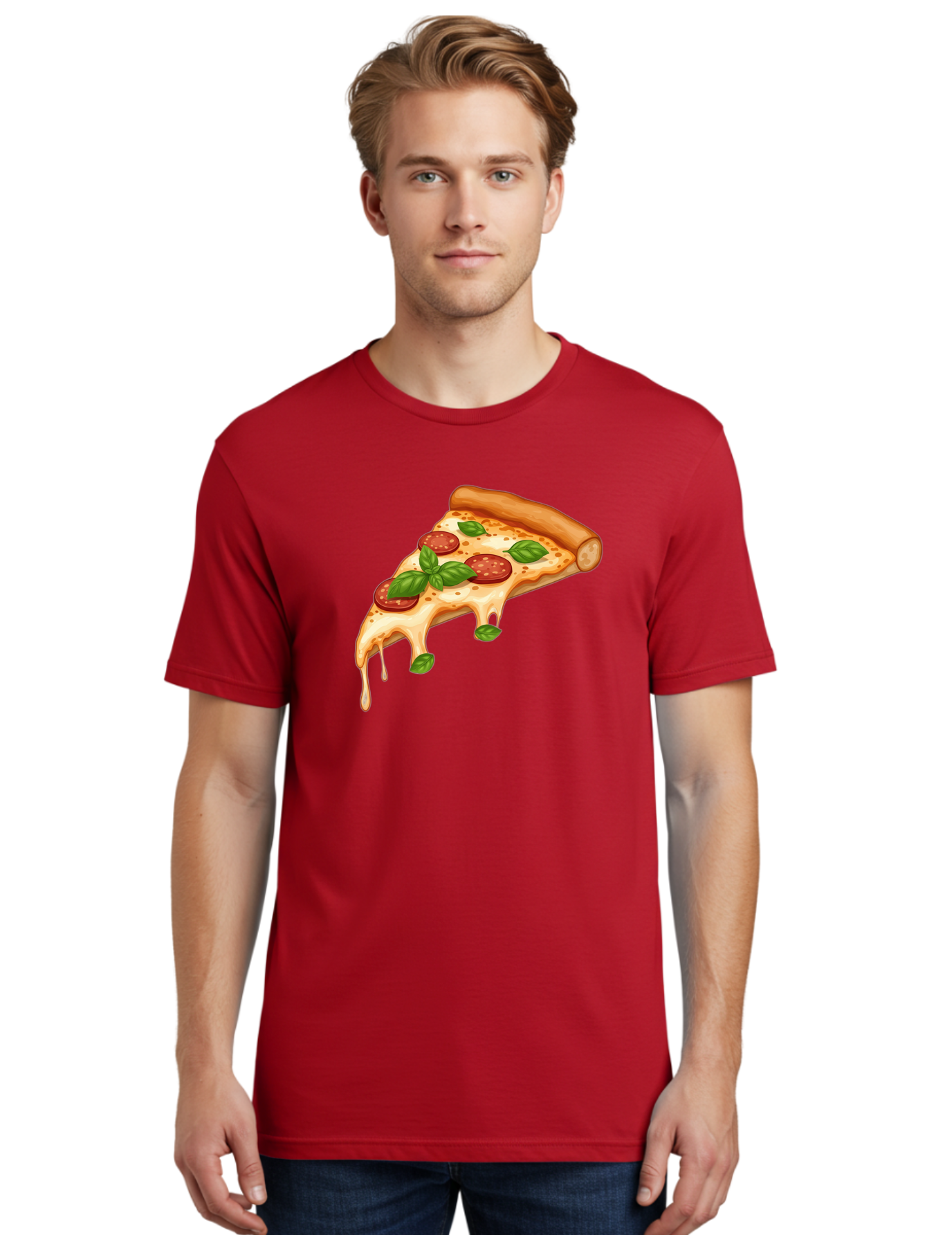 Cheesy-Pepperoni-Pizza-Slice Men'S Graphic Tee, 100% Cotton, Comfortable Casual Summer Wear, Machine Washable, Cheesy Pizza Slice, Pepperoni Pizza, Basil Leaves, Melted Cheese, Italian Food, Savory Snack, Pizza Topping, Food Illustration Bab727